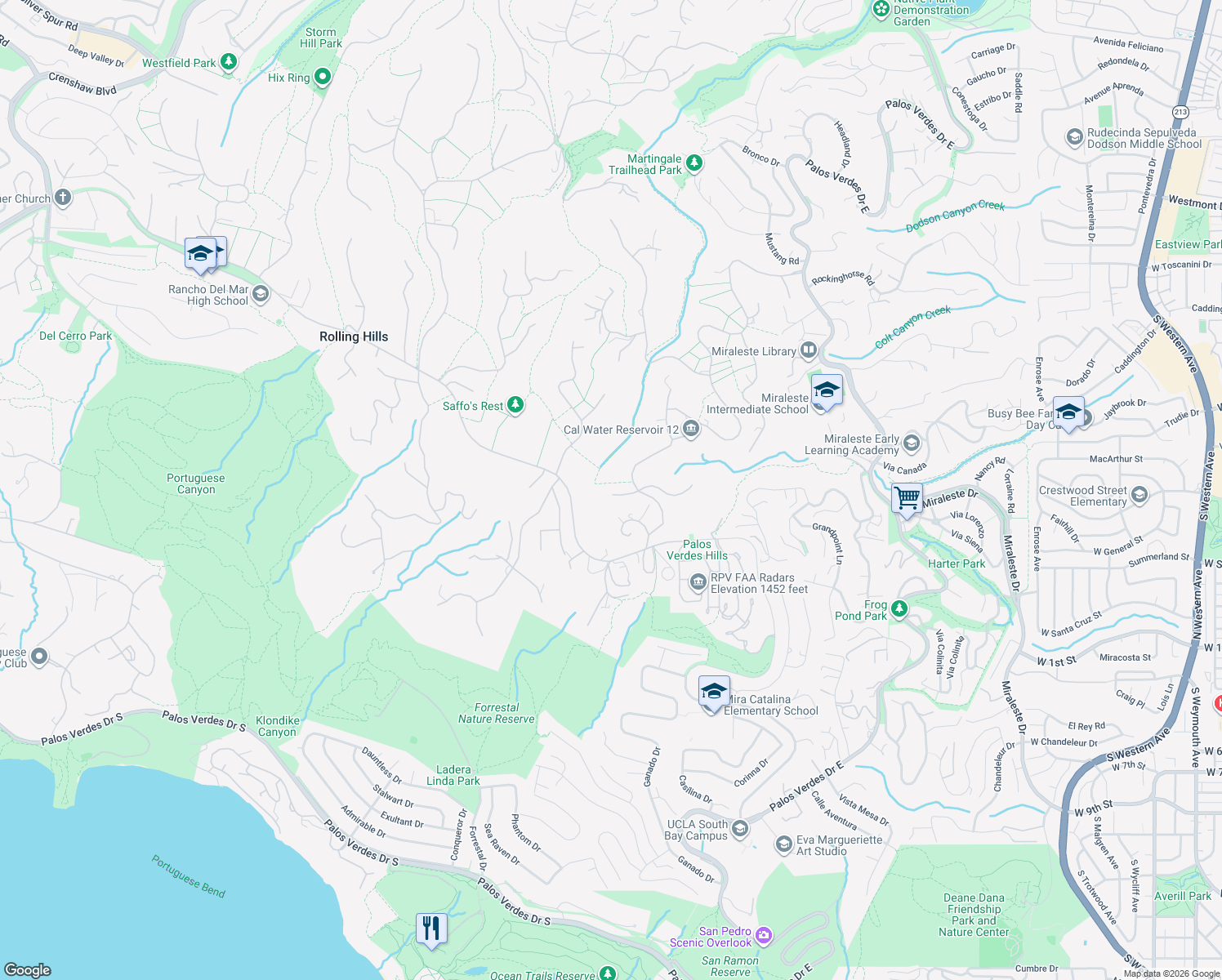 map of restaurants, bars, coffee shops, grocery stores, and more near 79 Eastfield Drive in Rolling Hills