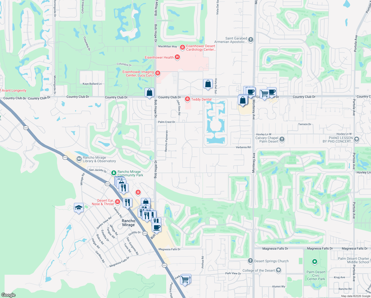 map of restaurants, bars, coffee shops, grocery stores, and more near 40530 Morningstar Road in Rancho Mirage