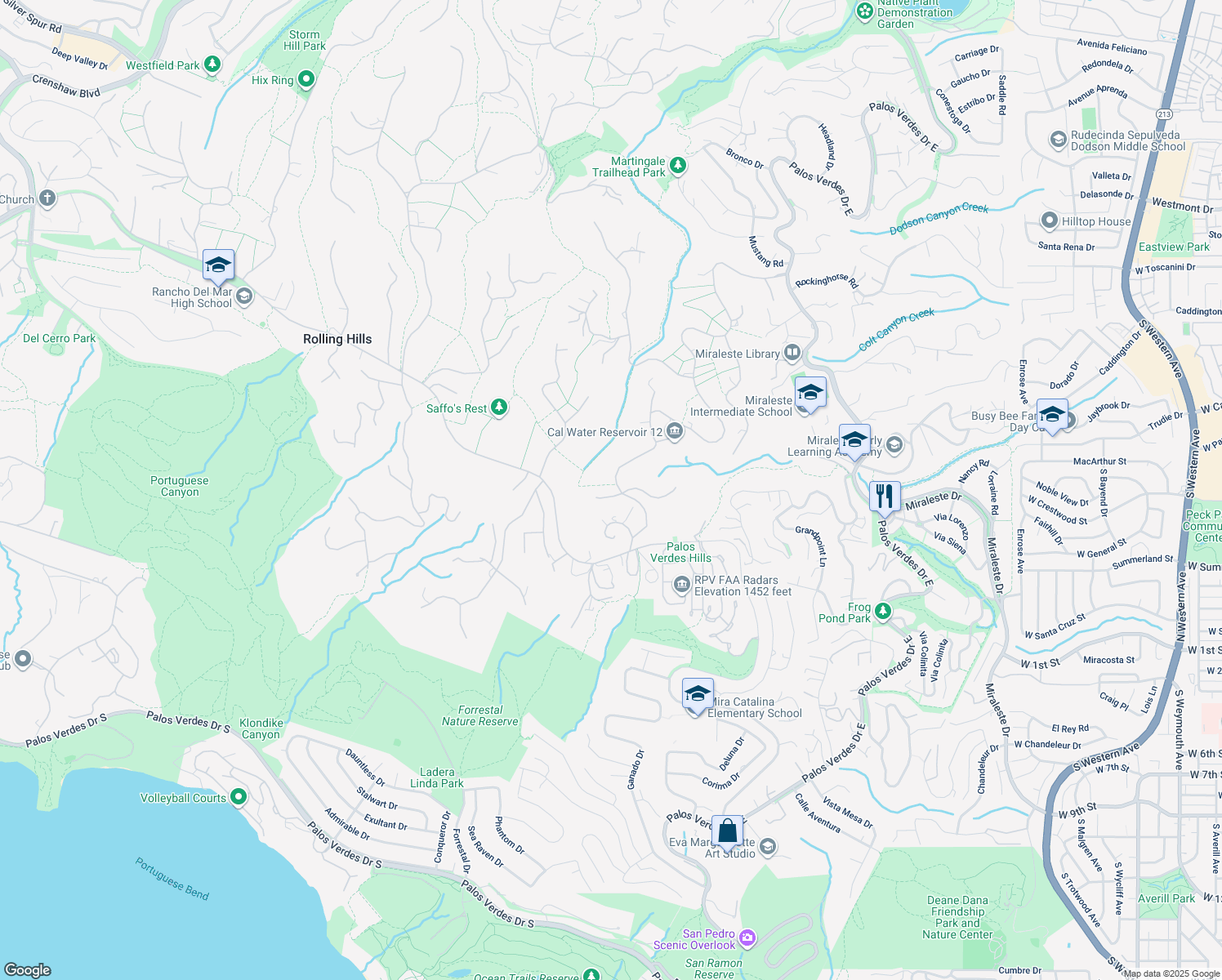 map of restaurants, bars, coffee shops, grocery stores, and more near 79 Eastfield Drive in Rolling Hills