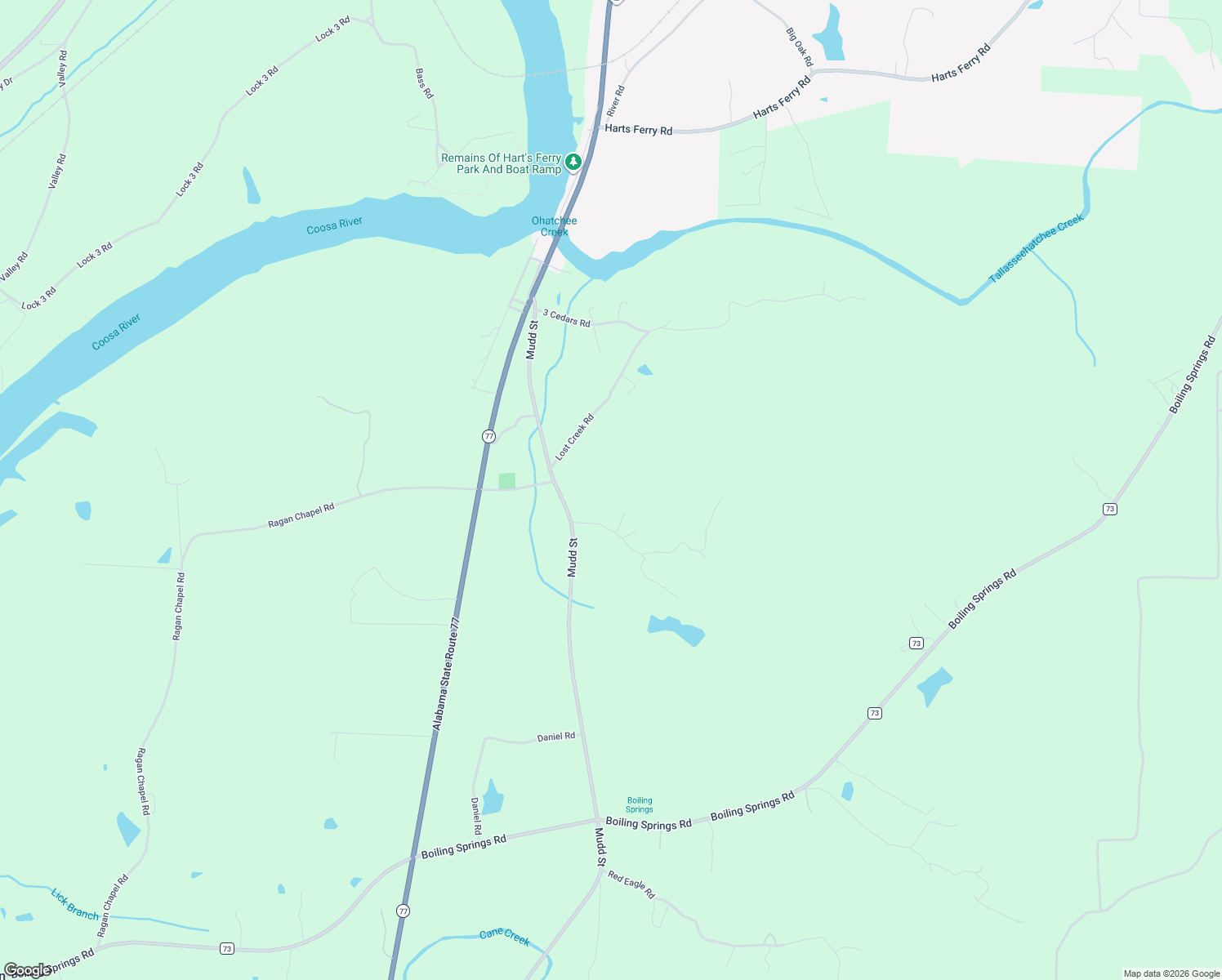 map of restaurants, bars, coffee shops, grocery stores, and more near 135 Big Chef Road in Ohatchee