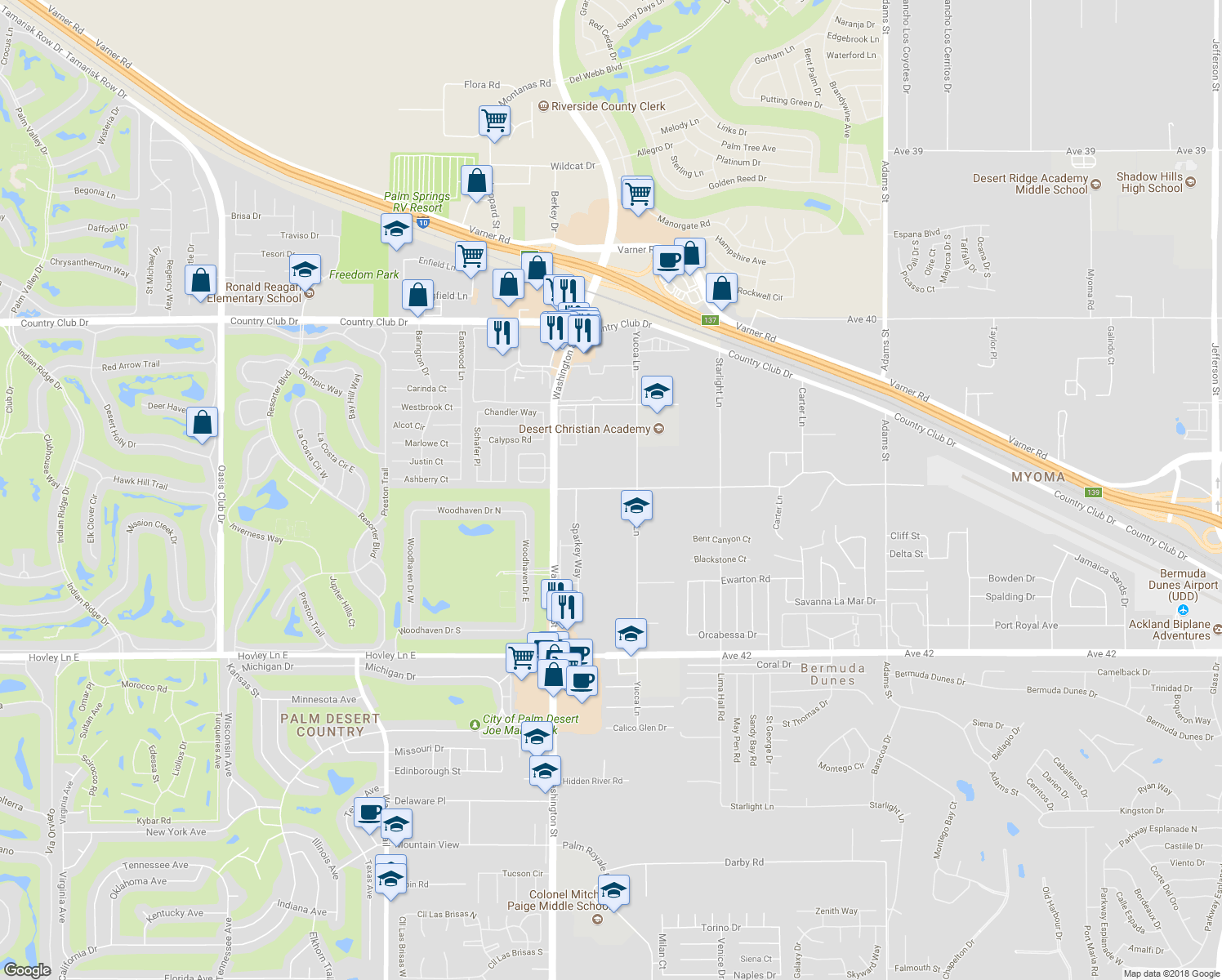 map of restaurants, bars, coffee shops, grocery stores, and more near 78157 Avenue 41 in Bermuda Dunes