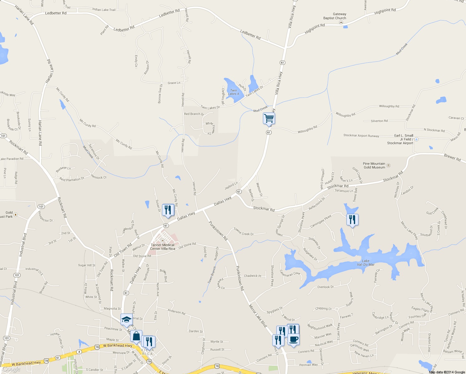 map of restaurants, bars, coffee shops, grocery stores, and more near 60 Jaybird Ln in Villa Rica