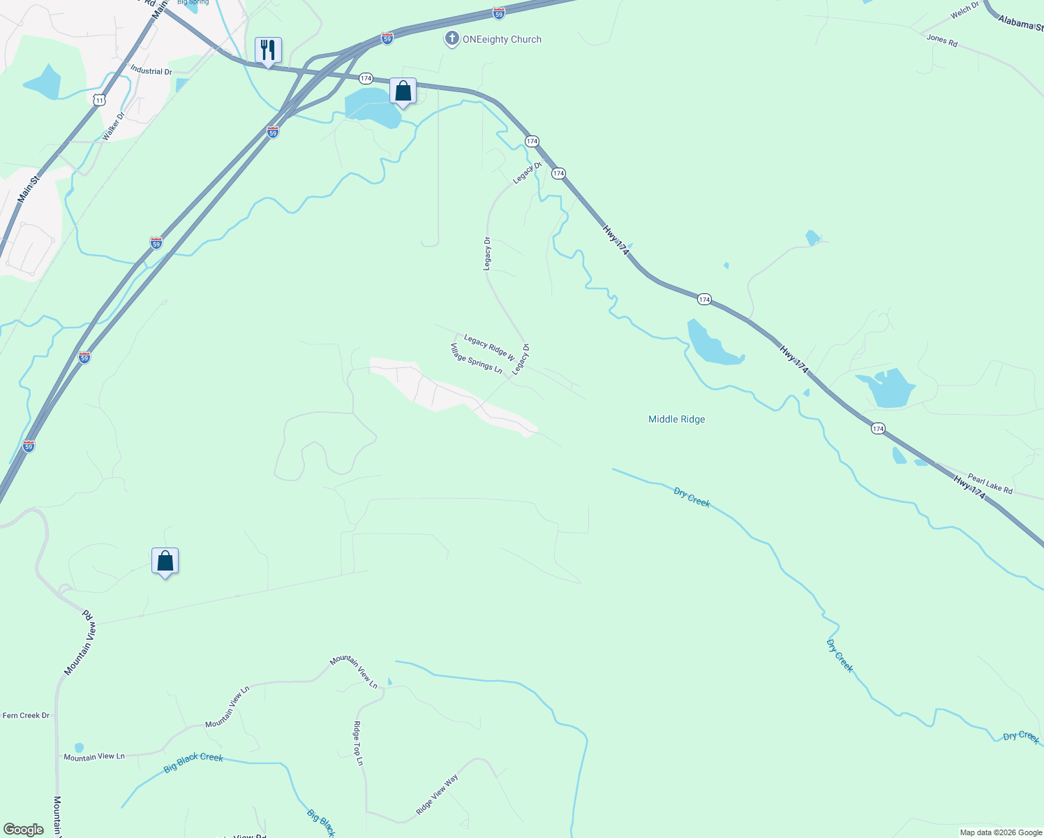 map of restaurants, bars, coffee shops, grocery stores, and more near 577 Blackberry Glenn in Springville
