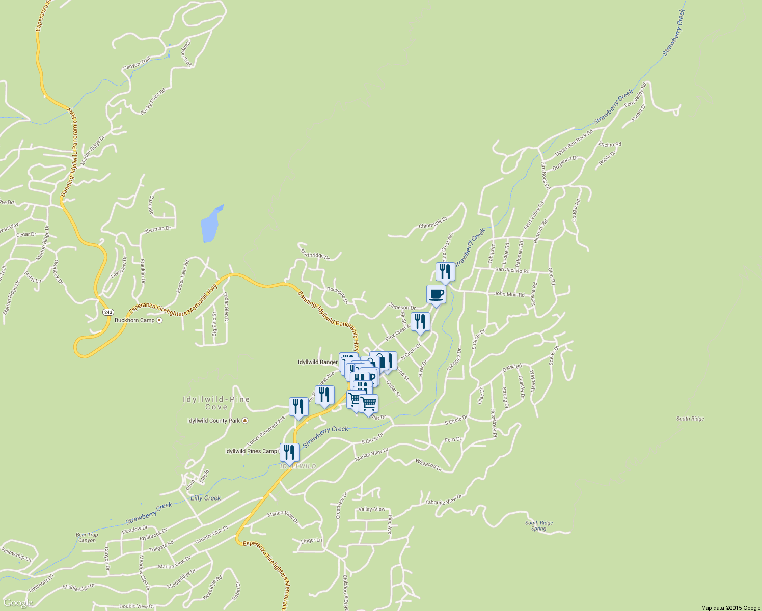 map of restaurants, bars, coffee shops, grocery stores, and more near 54396 Jameson Drive in Idyllwild-Pine Cove