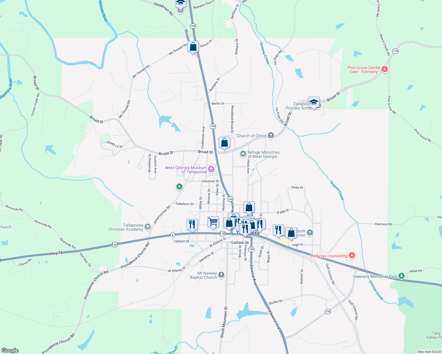 map of restaurants, bars, coffee shops, grocery stores, and more near 295 Bowdon Street in Tallapoosa