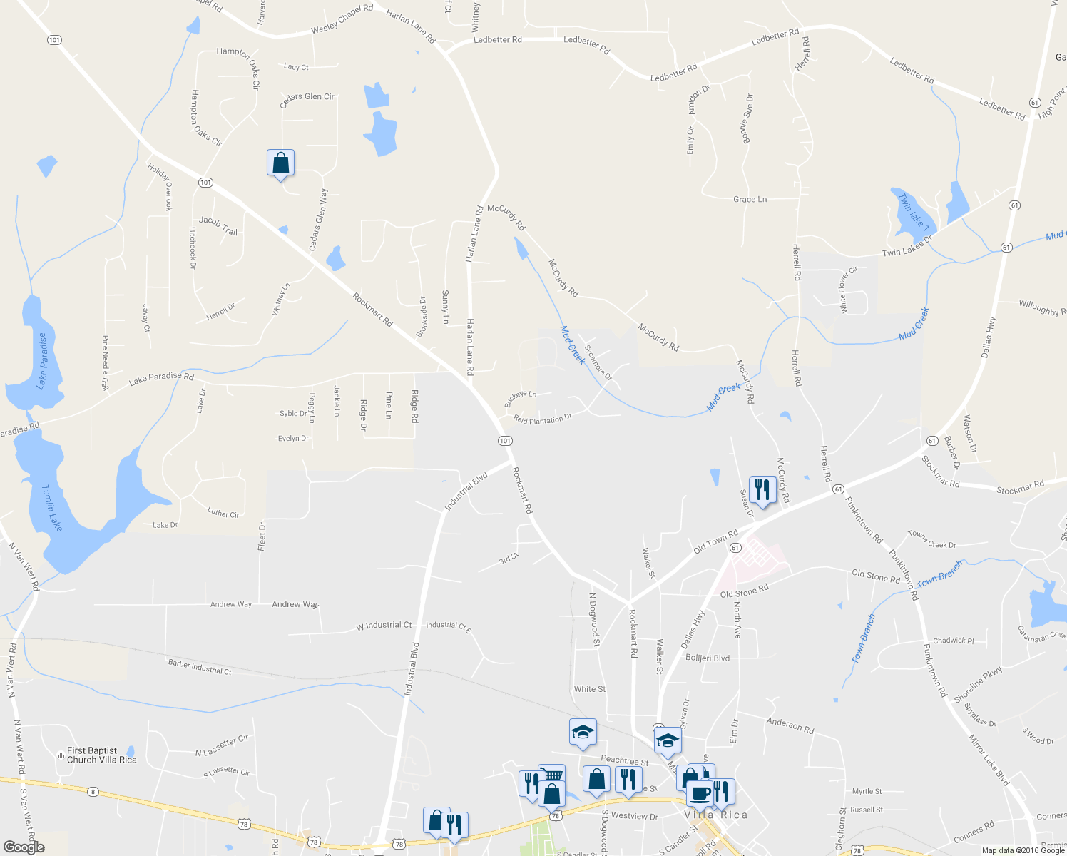 map of restaurants, bars, coffee shops, grocery stores, and more near 117 Reid Plantation Drive in Villa Rica