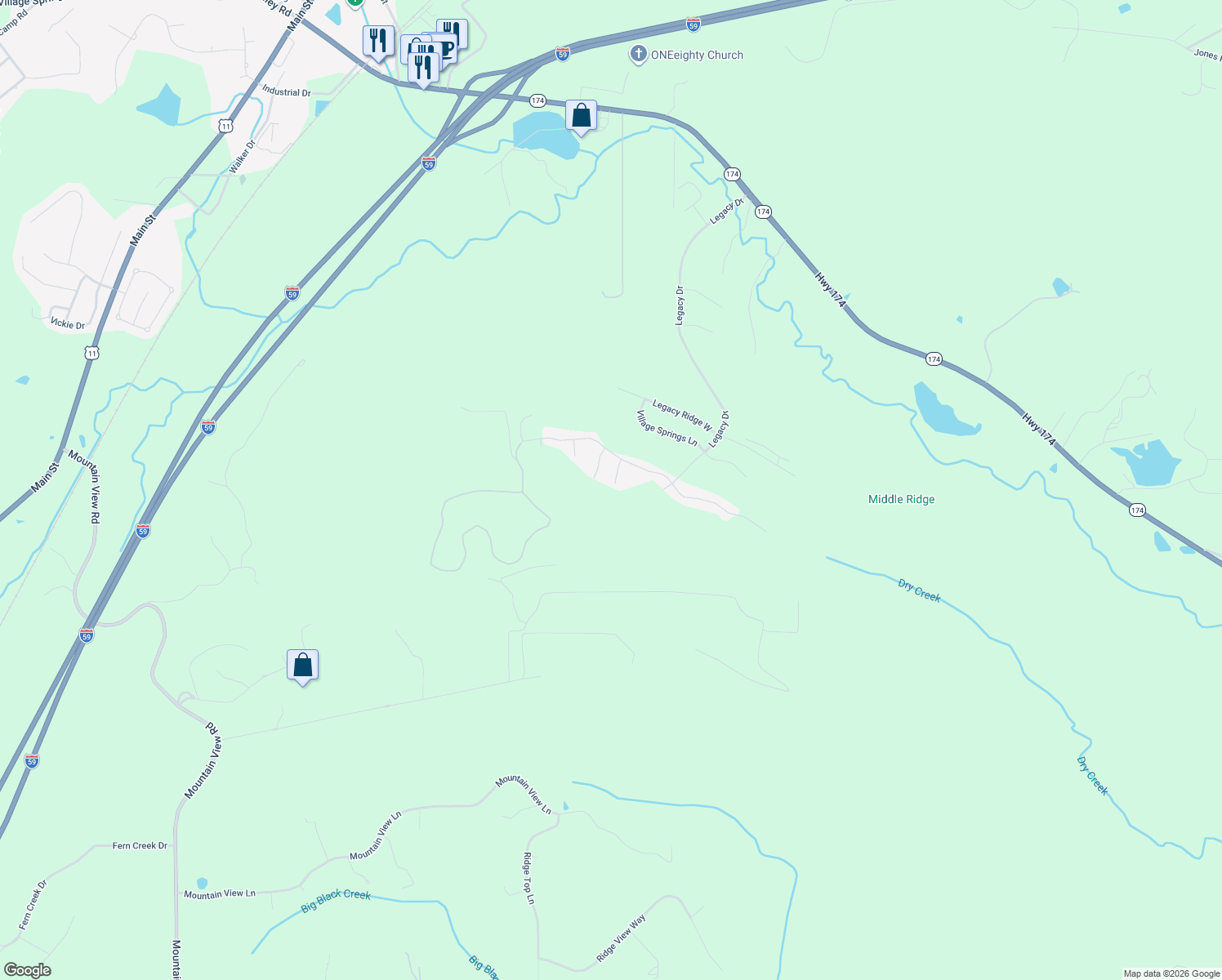 map of restaurants, bars, coffee shops, grocery stores, and more near 200 Blackberry Cove in Springville