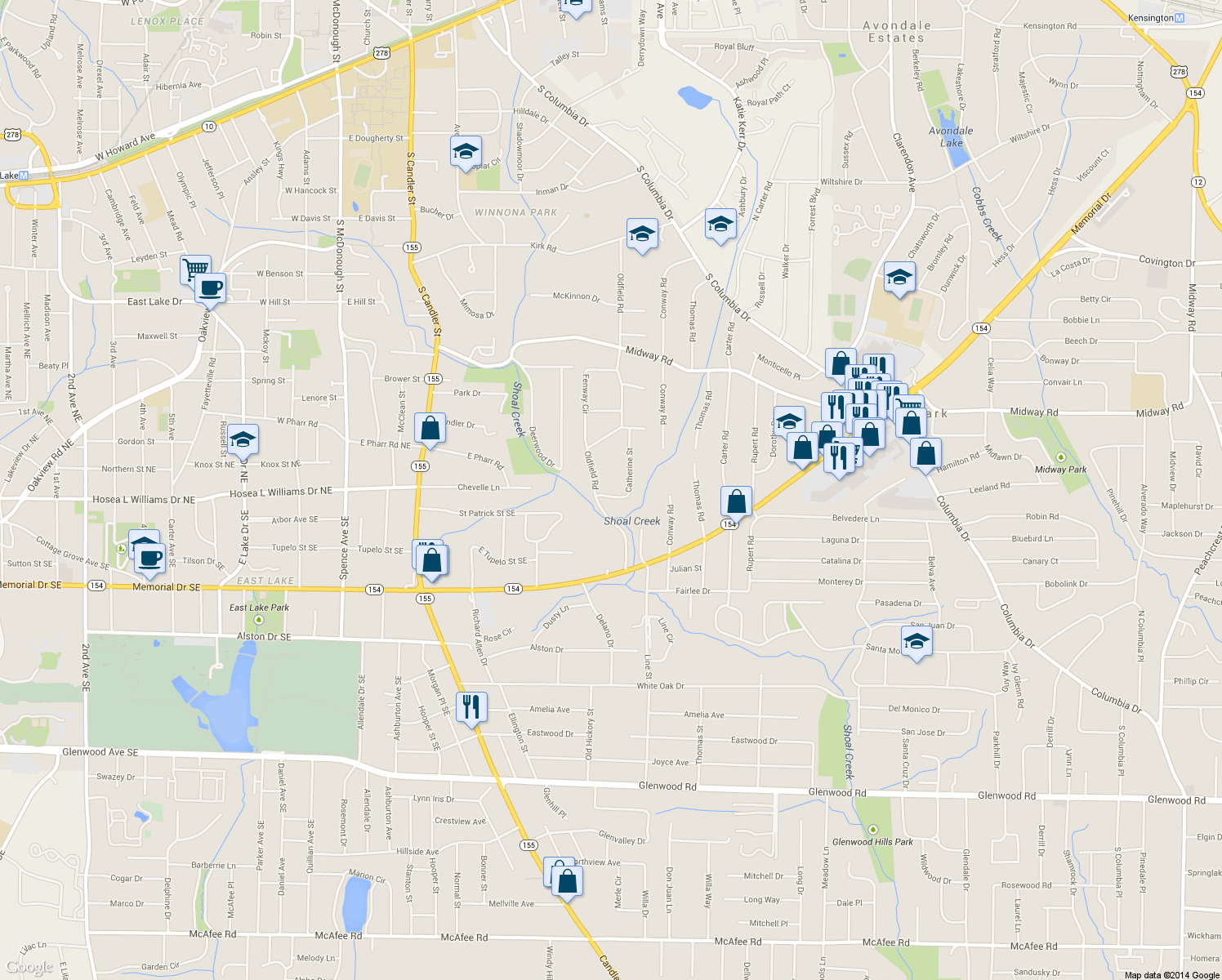map of restaurants, bars, coffee shops, grocery stores, and more near 1477 Catherine Street in Decatur