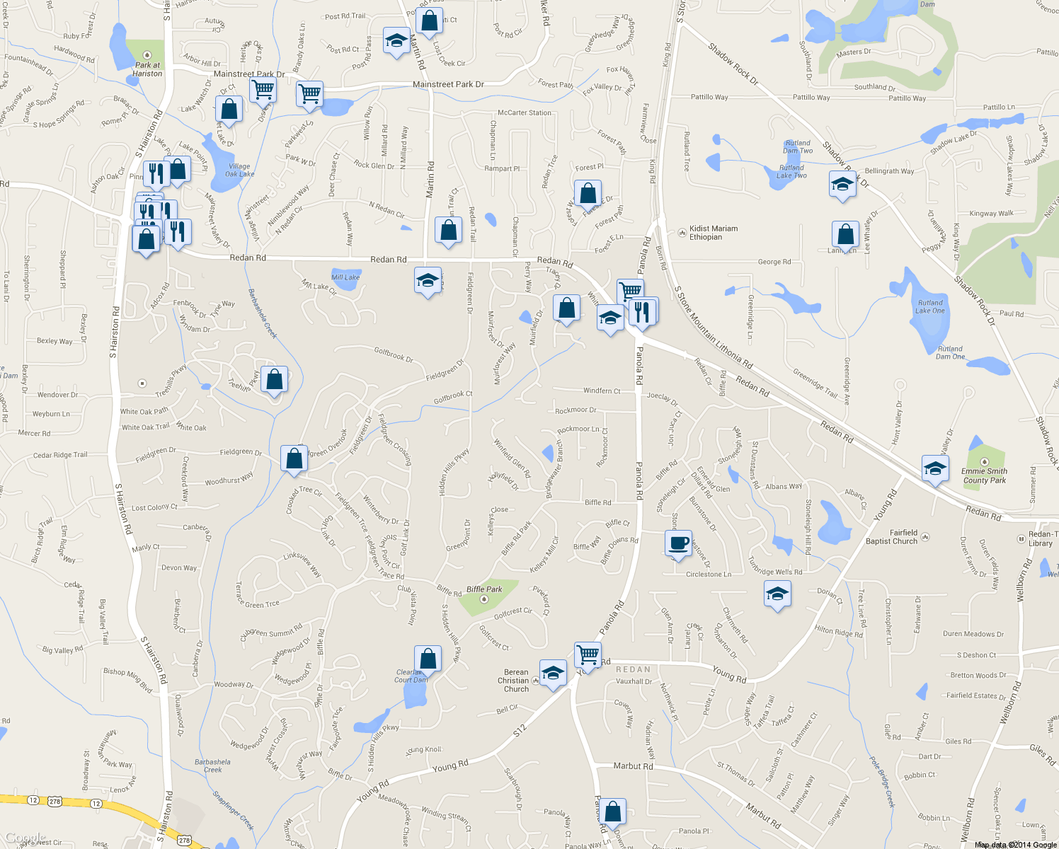 map of restaurants, bars, coffee shops, grocery stores, and more near 1388 Bridgewater Branch in Stone Mountain