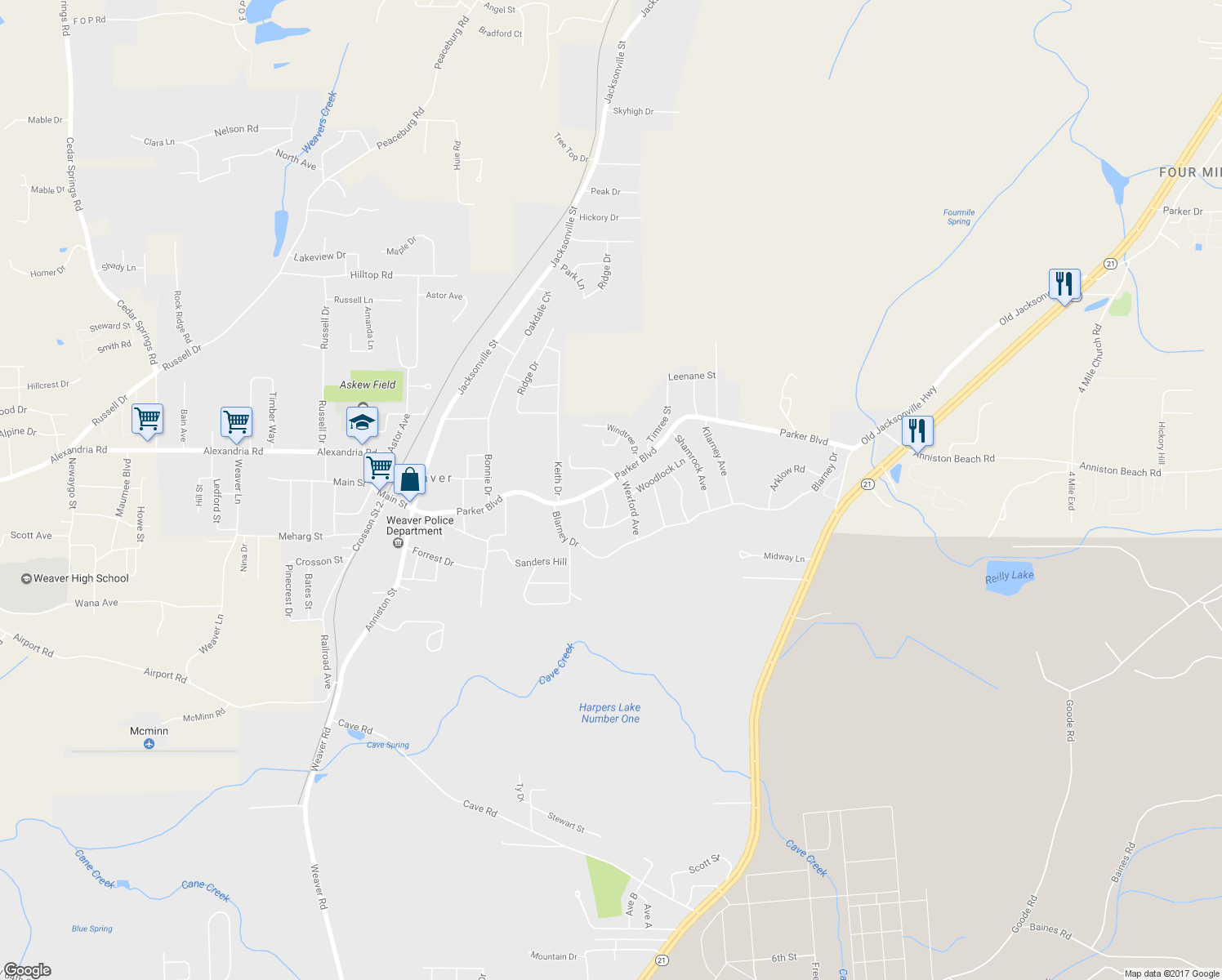 map of restaurants, bars, coffee shops, grocery stores, and more near 800 Parker Boulevard in Weaver