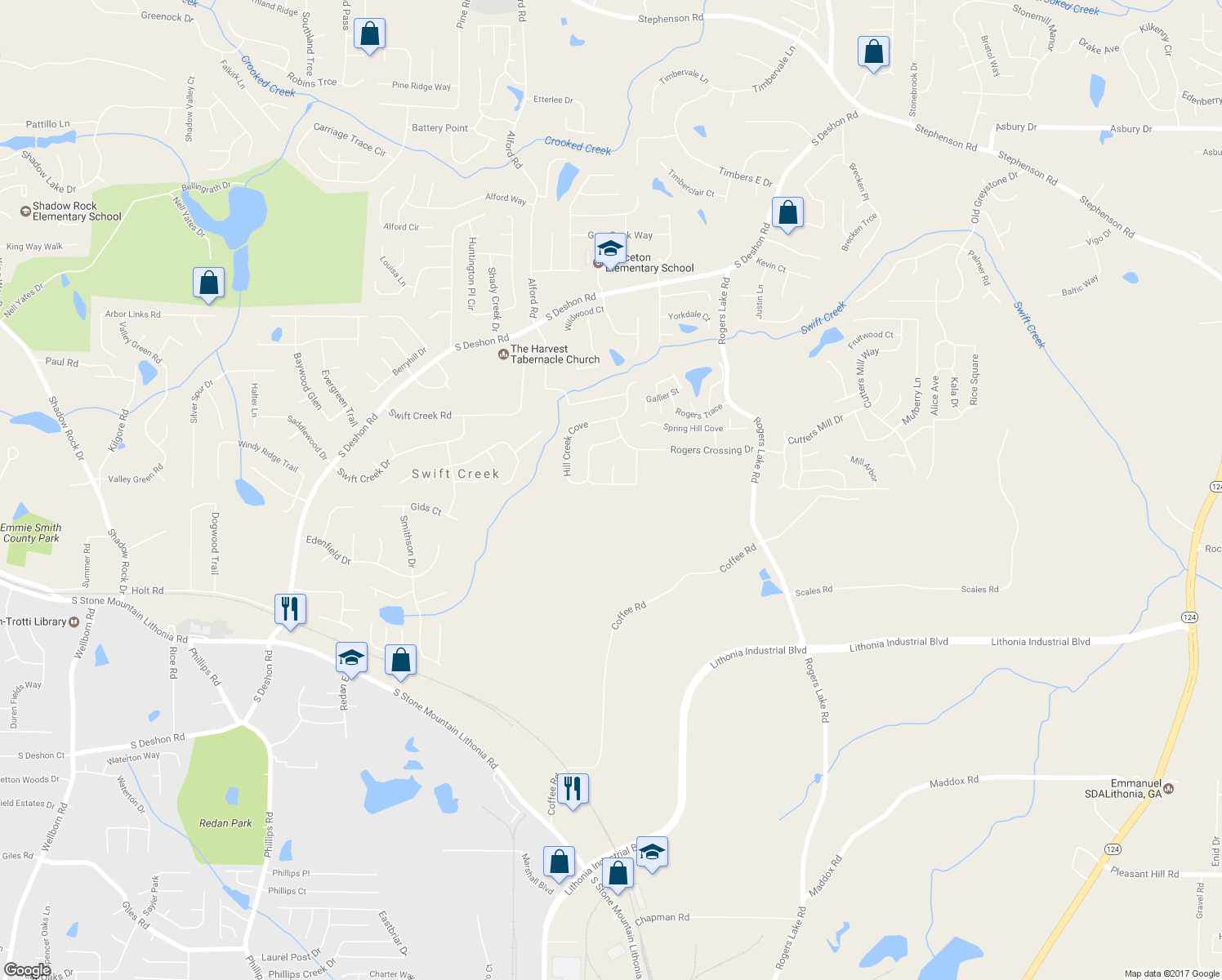 map of restaurants, bars, coffee shops, grocery stores, and more near 6923 Dalehollow Drive in Lithonia