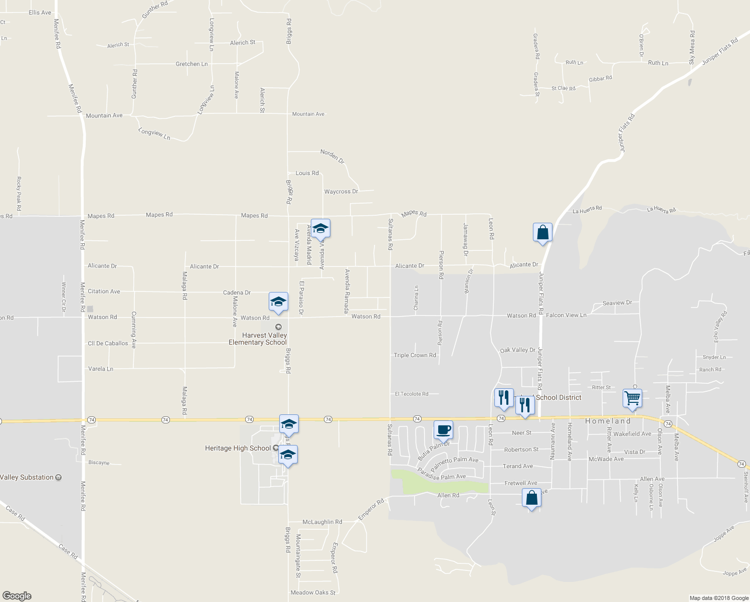 map of restaurants, bars, coffee shops, grocery stores, and more near 30425 Avenida Caylee in Homeland