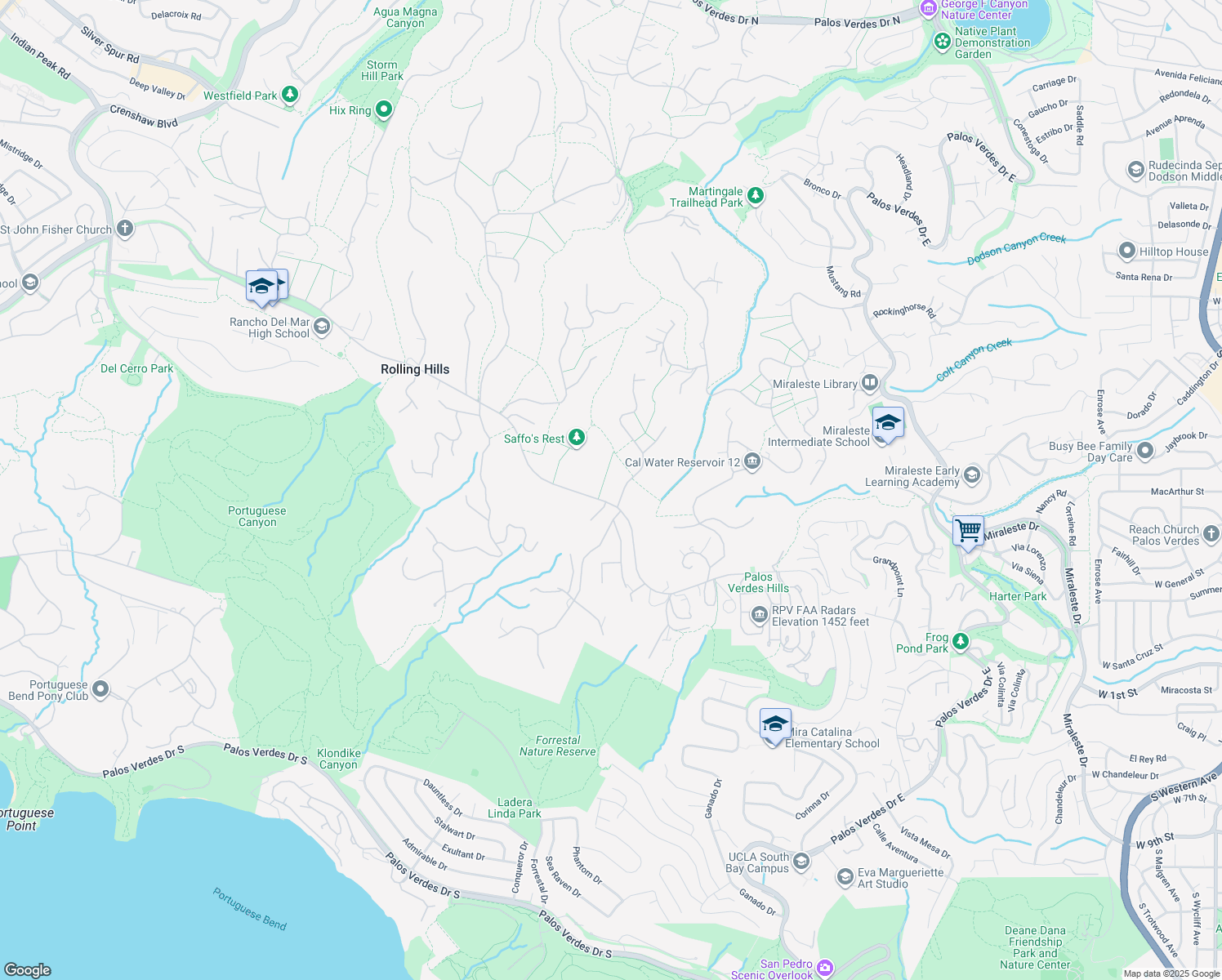 map of restaurants, bars, coffee shops, grocery stores, and more near in Rolling Hills