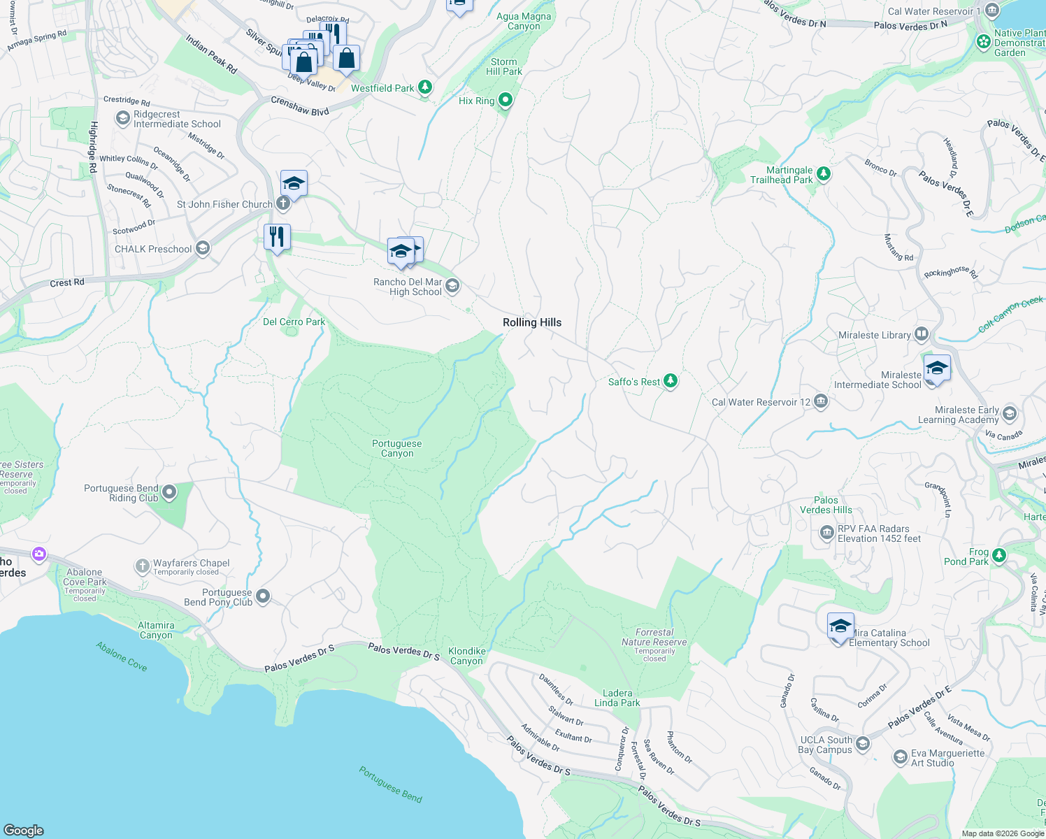 map of restaurants, bars, coffee shops, grocery stores, and more near 20 Cinchring Road in Rolling Hills