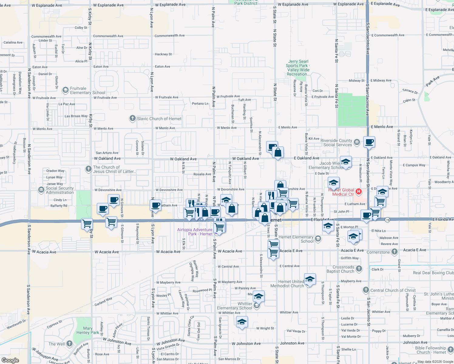 map of restaurants, bars, coffee shops, grocery stores, and more near 728 Malibu St in Hemet