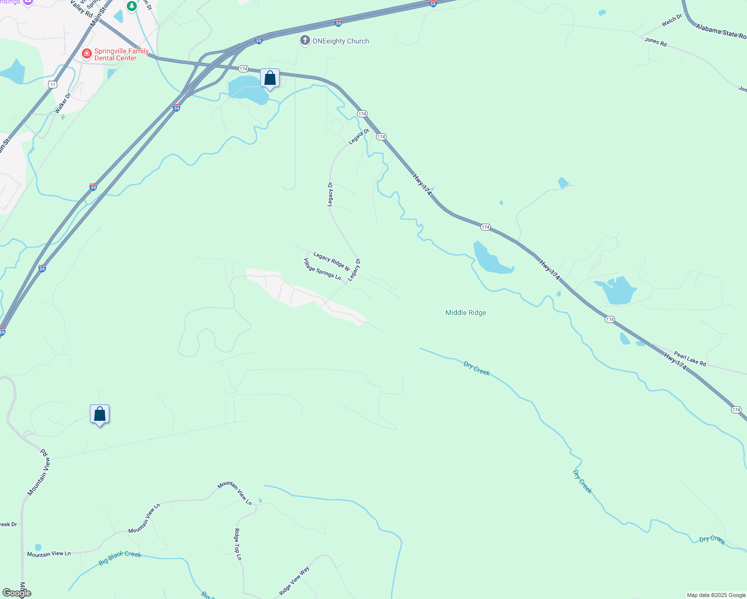 map of restaurants, bars, coffee shops, grocery stores, and more near 165 Village Springs Cove in Springville