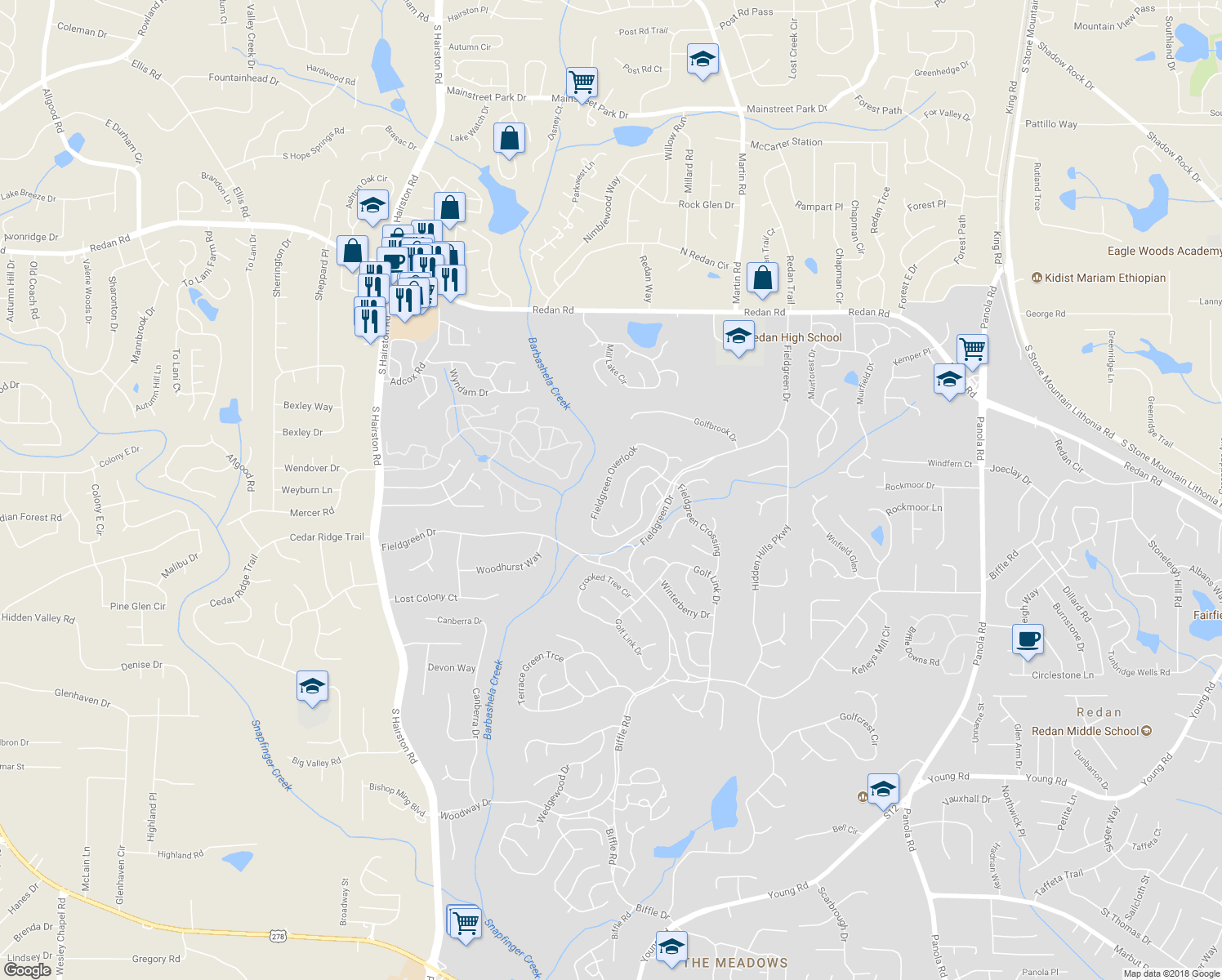 map of restaurants, bars, coffee shops, grocery stores, and more near 1588 Fieldgreen Overlook in Stone Mountain