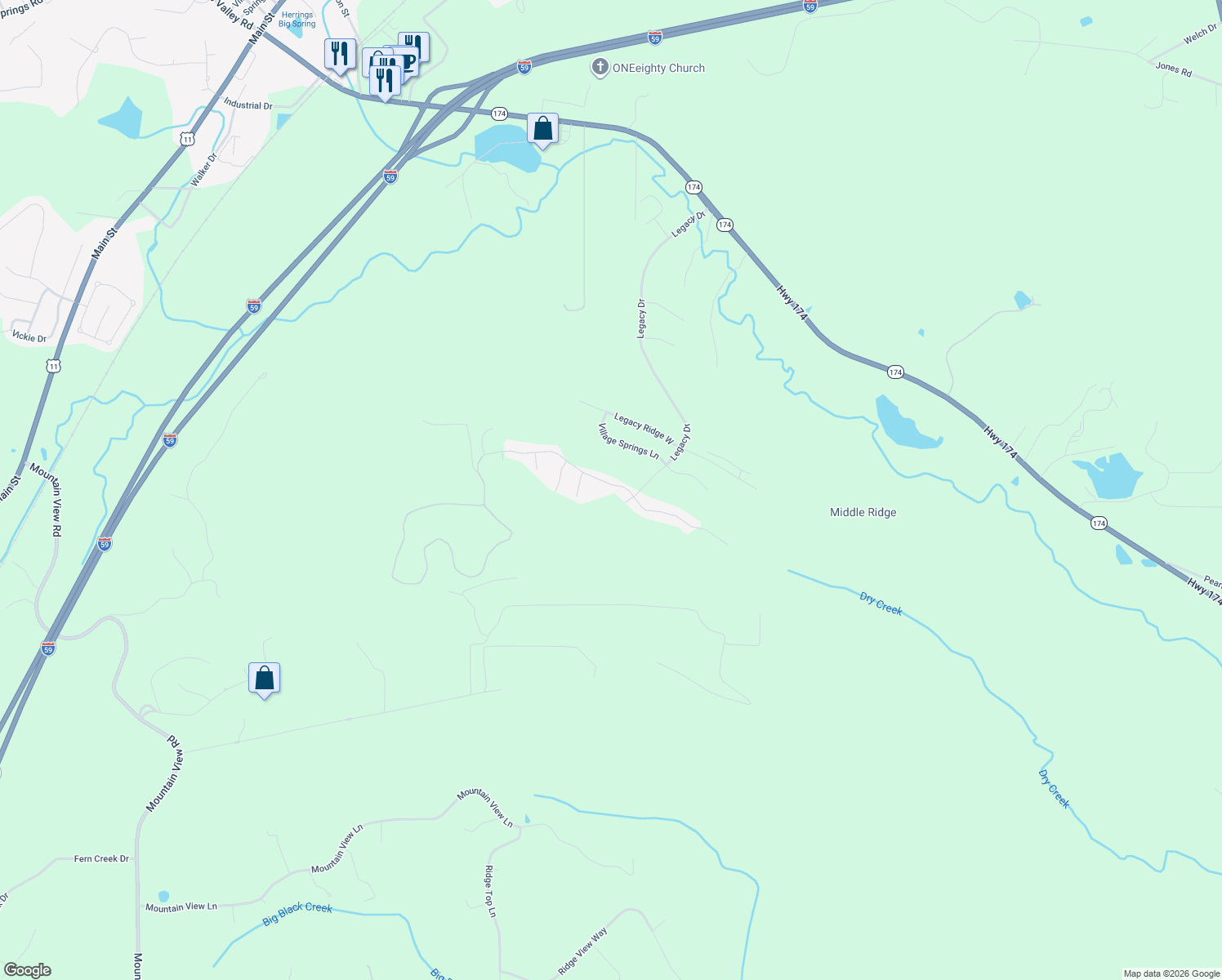map of restaurants, bars, coffee shops, grocery stores, and more near 343 Blackberry Boulevard in Springville