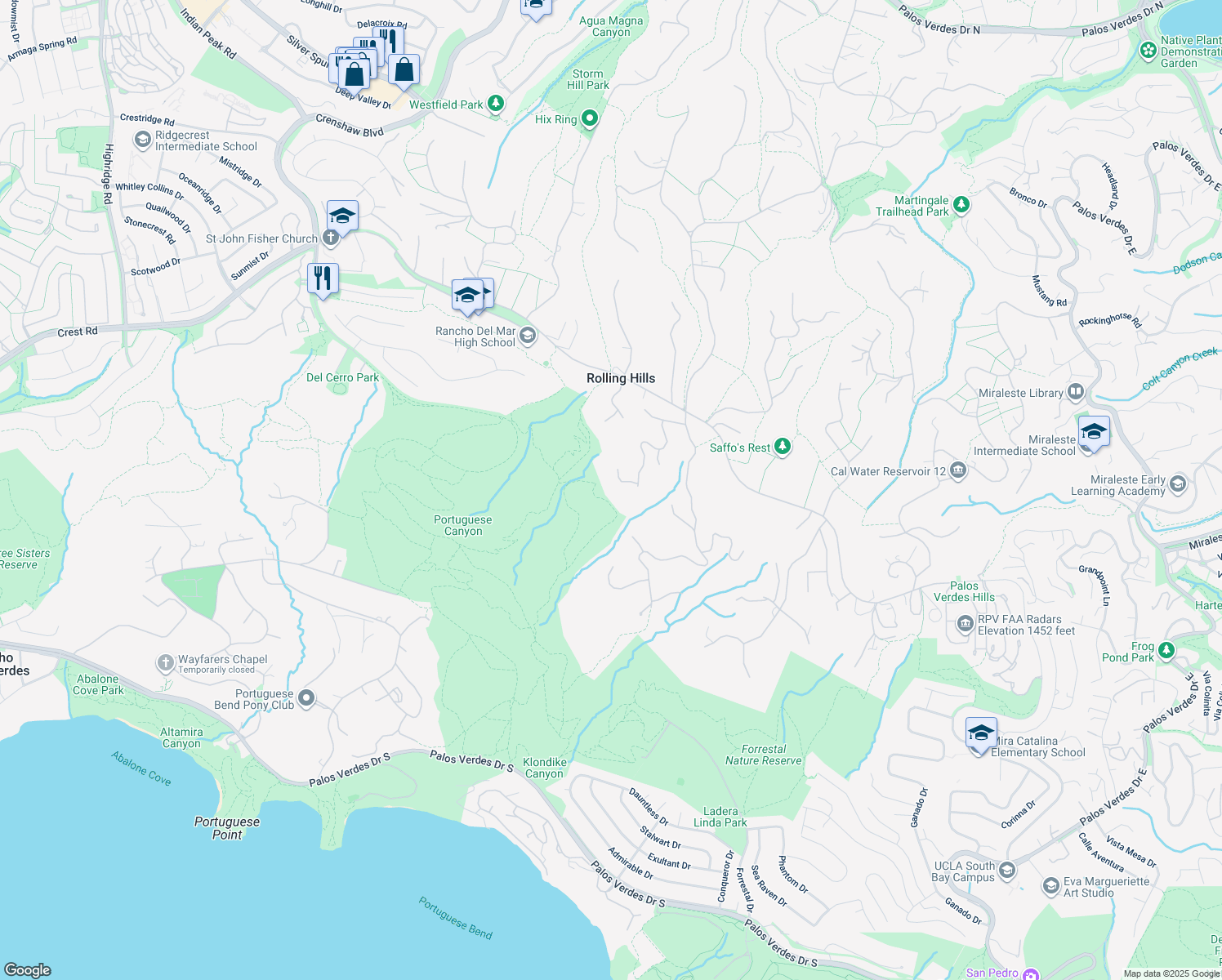map of restaurants, bars, coffee shops, grocery stores, and more near 20 Cinchring Road in Rolling Hills