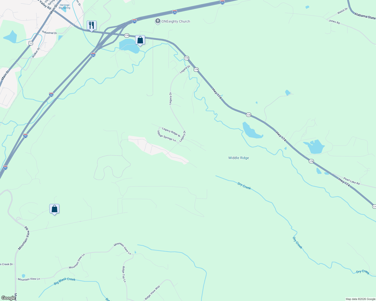 map of restaurants, bars, coffee shops, grocery stores, and more near 577 Blackberry Glenn in Springville
