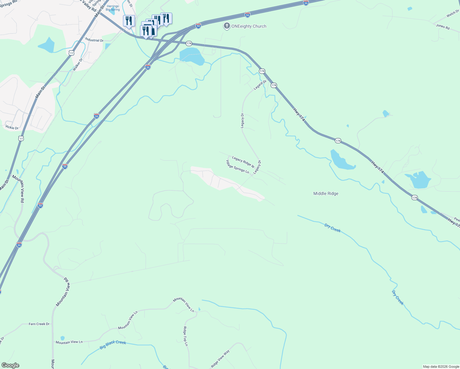 map of restaurants, bars, coffee shops, grocery stores, and more near 343 Blackberry Boulevard in Springville
