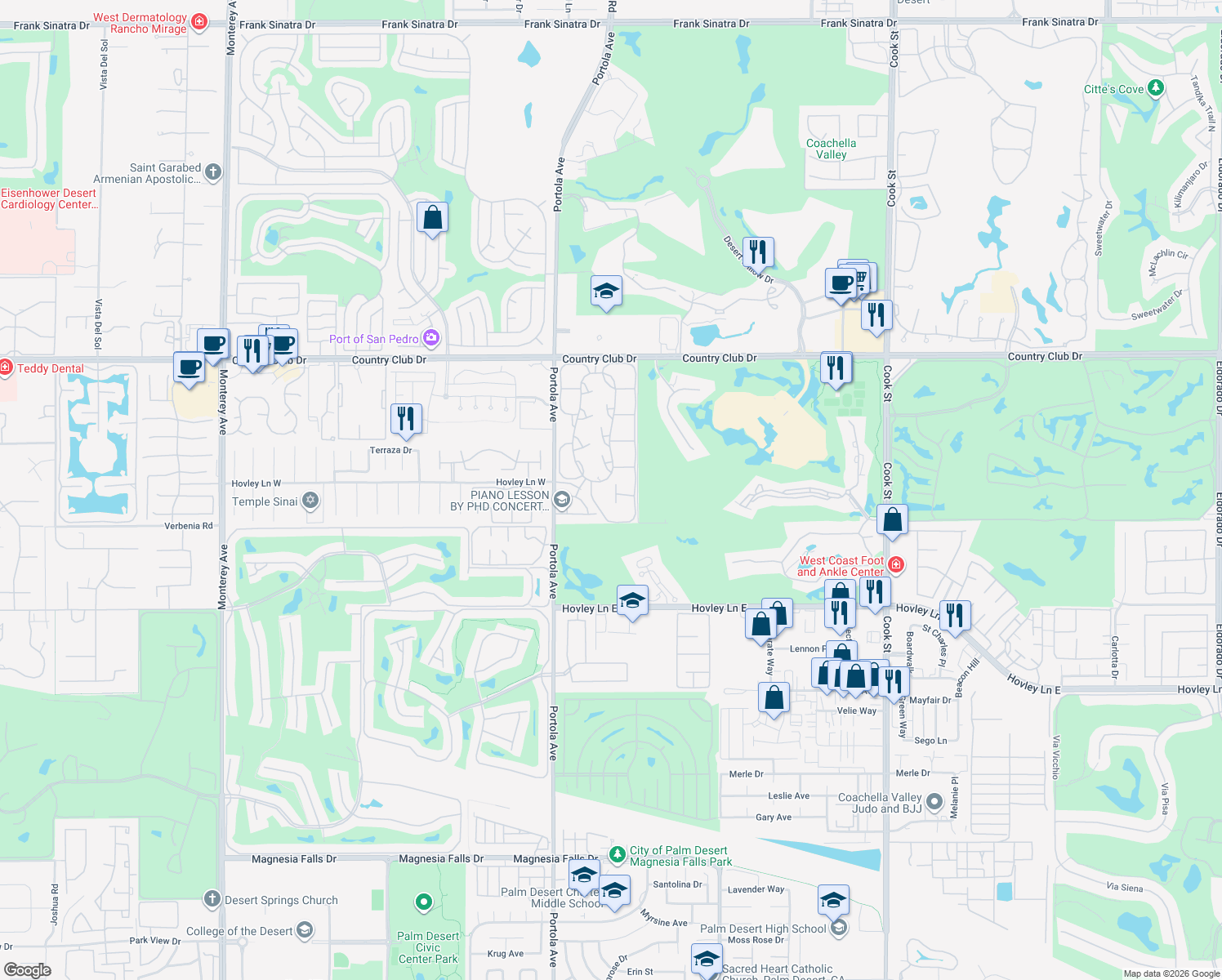 map of restaurants, bars, coffee shops, grocery stores, and more near 12 Bonita Lane in Palm Desert