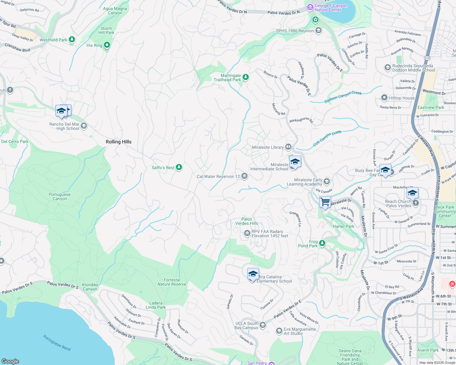 map of restaurants, bars, coffee shops, grocery stores, and more near 67 Eastfield Drive in Rolling Hills