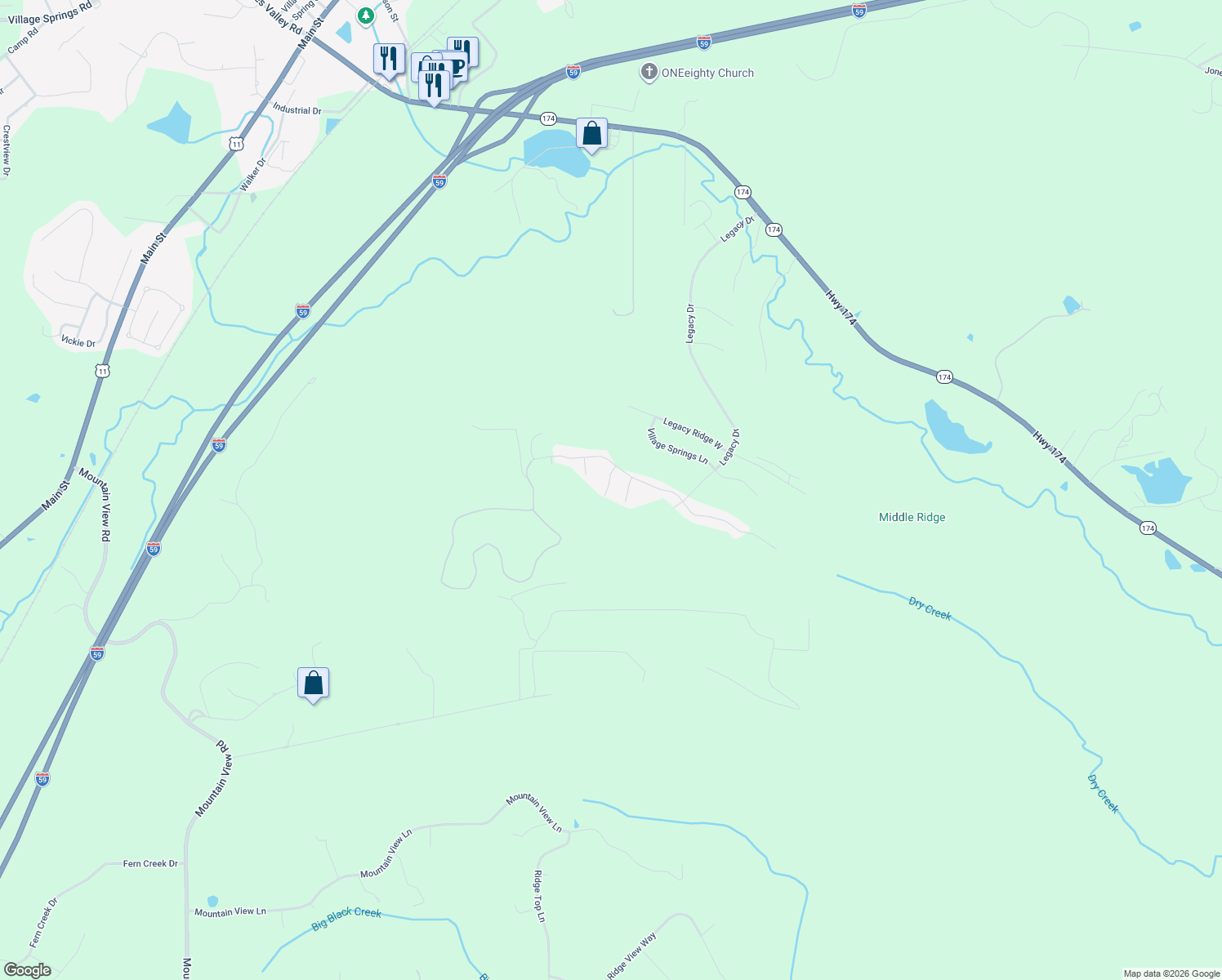 map of restaurants, bars, coffee shops, grocery stores, and more near 200 Blackberry Cove in Springville