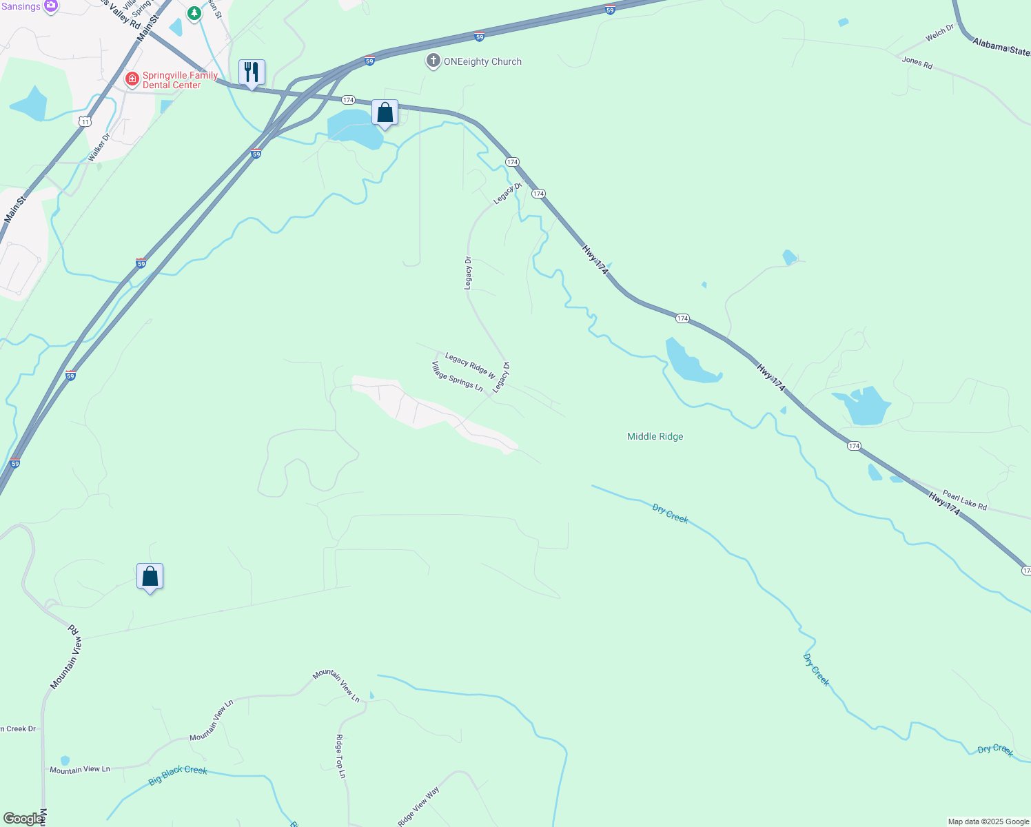 map of restaurants, bars, coffee shops, grocery stores, and more near 120 Village Springs Cove in Springville