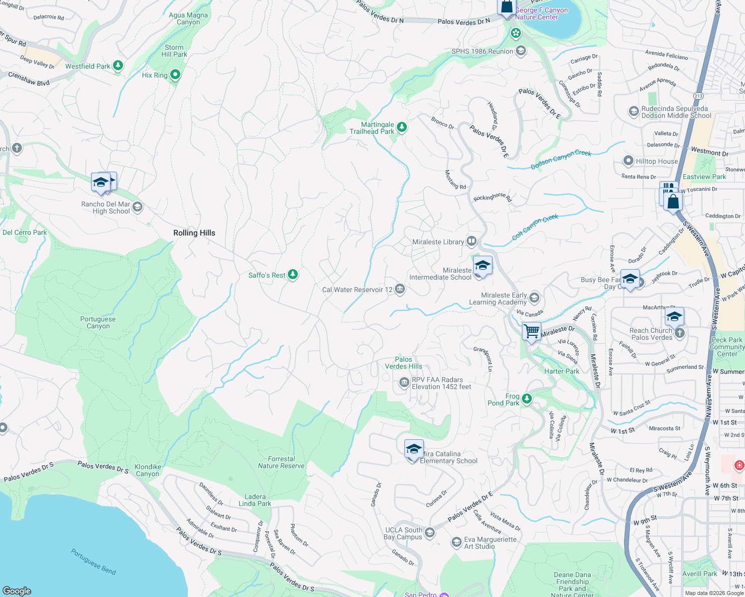 map of restaurants, bars, coffee shops, grocery stores, and more near 67 Eastfield Drive in Rolling Hills