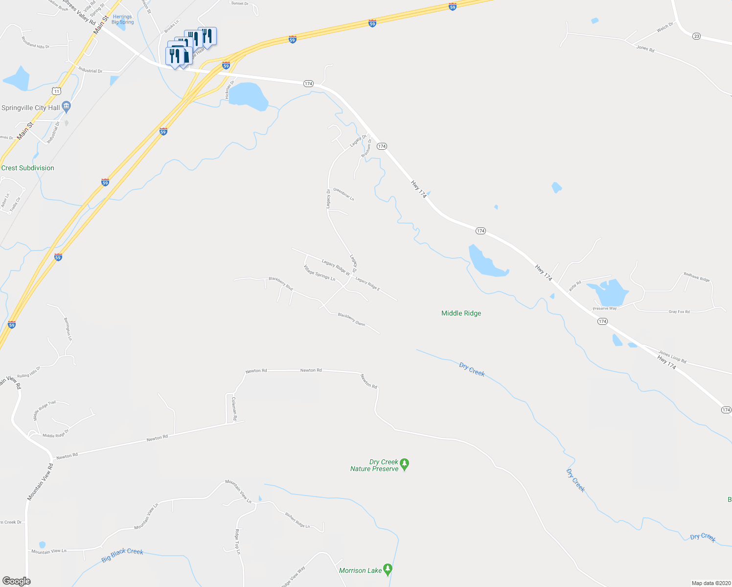 map of restaurants, bars, coffee shops, grocery stores, and more near 117 Village Springs Cove in Springville