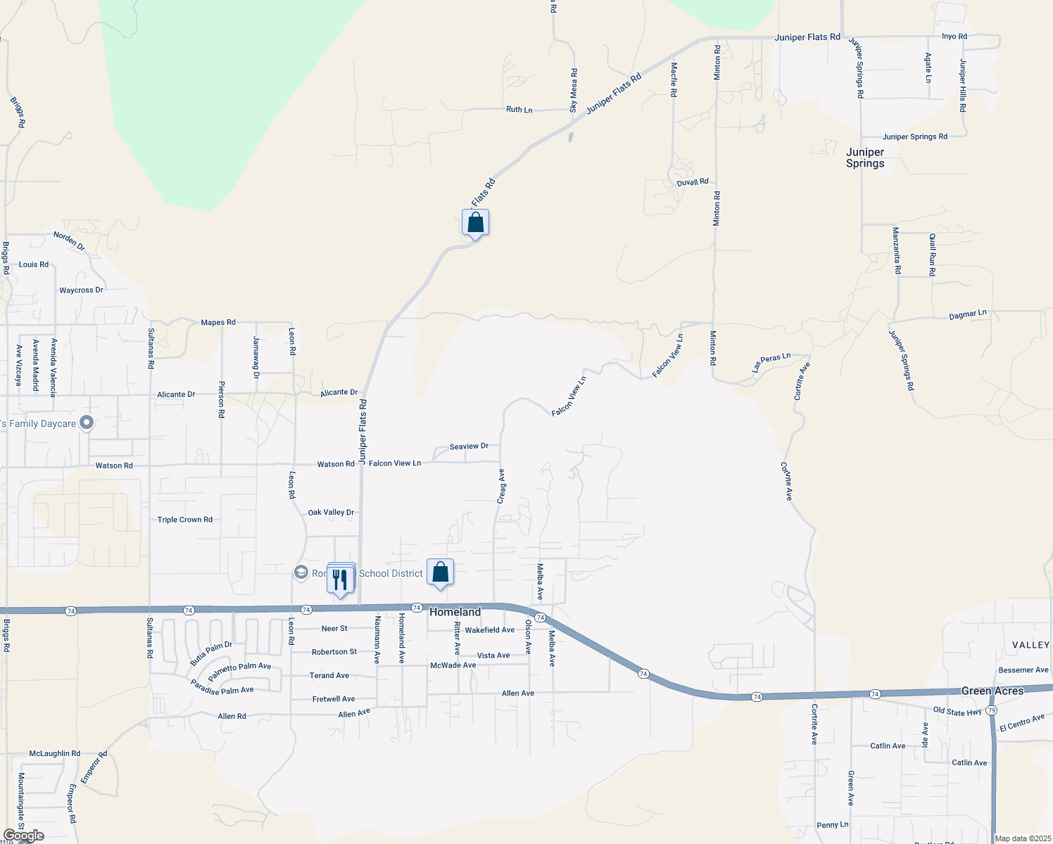 map of restaurants, bars, coffee shops, grocery stores, and more near Falcon View Lane in Homeland