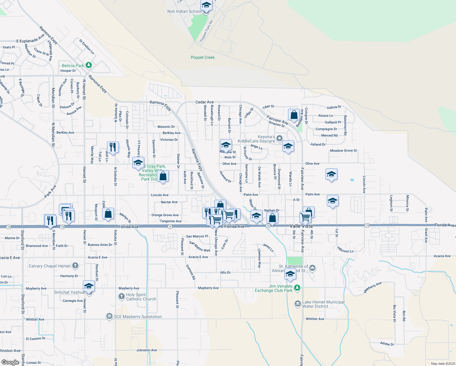 map of restaurants, bars, coffee shops, grocery stores, and more near 25337 Howard Drive in Hemet
