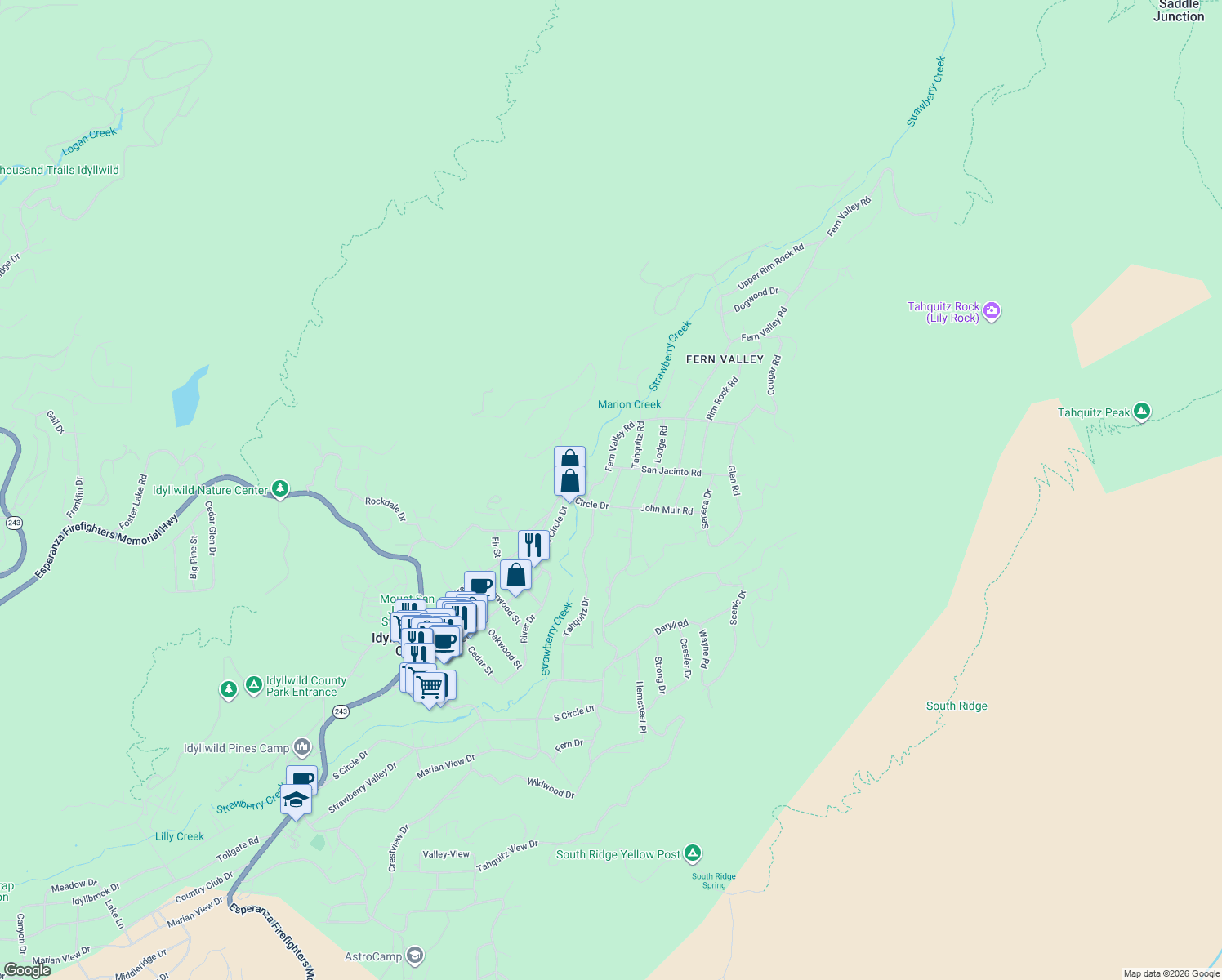 map of restaurants, bars, coffee shops, grocery stores, and more near 25455 Tahquitz Road in Idyllwild-Pine Cove