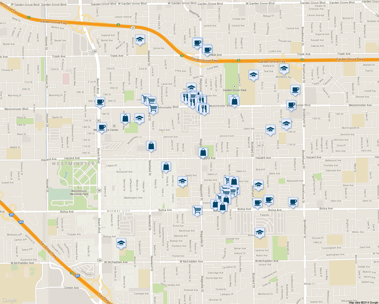 map of restaurants, bars, coffee shops, grocery stores, and more near 14451 Strait Place in Westminster