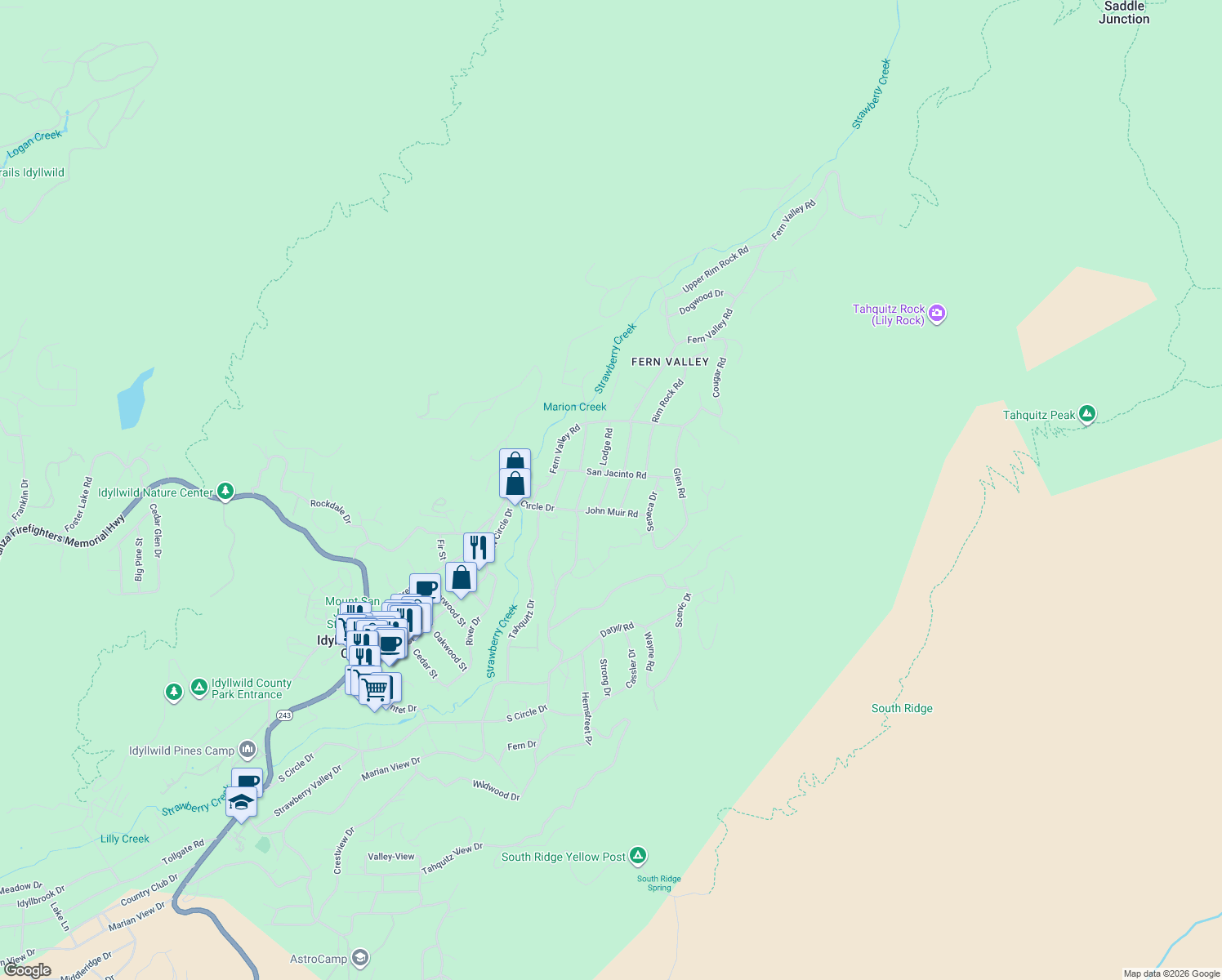 map of restaurants, bars, coffee shops, grocery stores, and more near 25430 Palomar Road in Idyllwild-Pine Cove