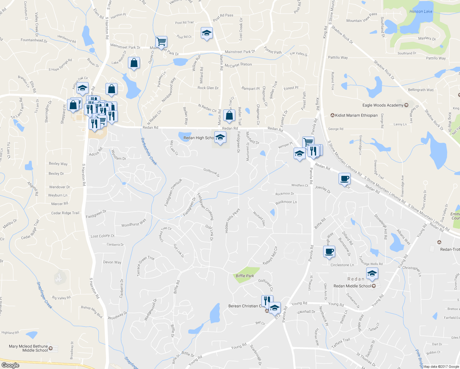 map of restaurants, bars, coffee shops, grocery stores, and more near 5166 Golfbrook Court in Stone Mountain