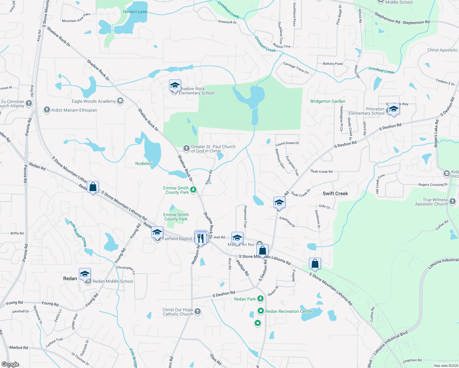 map of restaurants, bars, coffee shops, grocery stores, and more near 5989 Valley Green Road in Lithonia