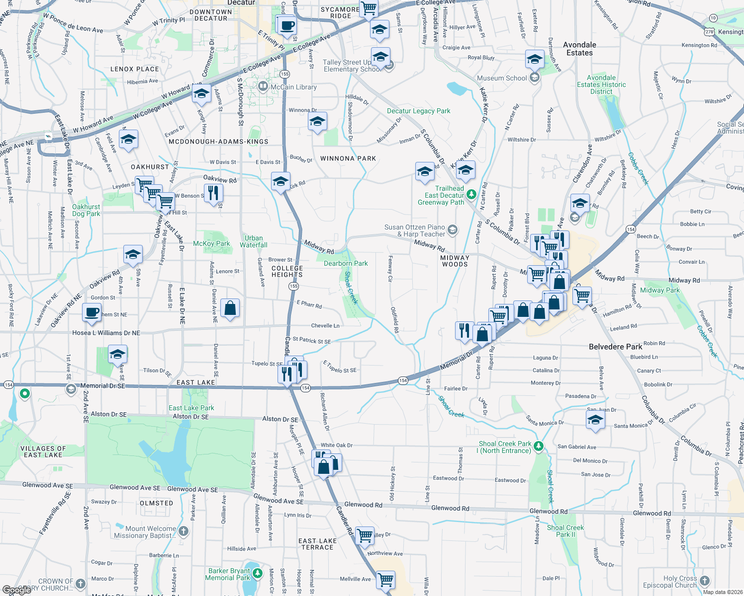 map of restaurants, bars, coffee shops, grocery stores, and more near 1486 Deerwood Dr in Decatur