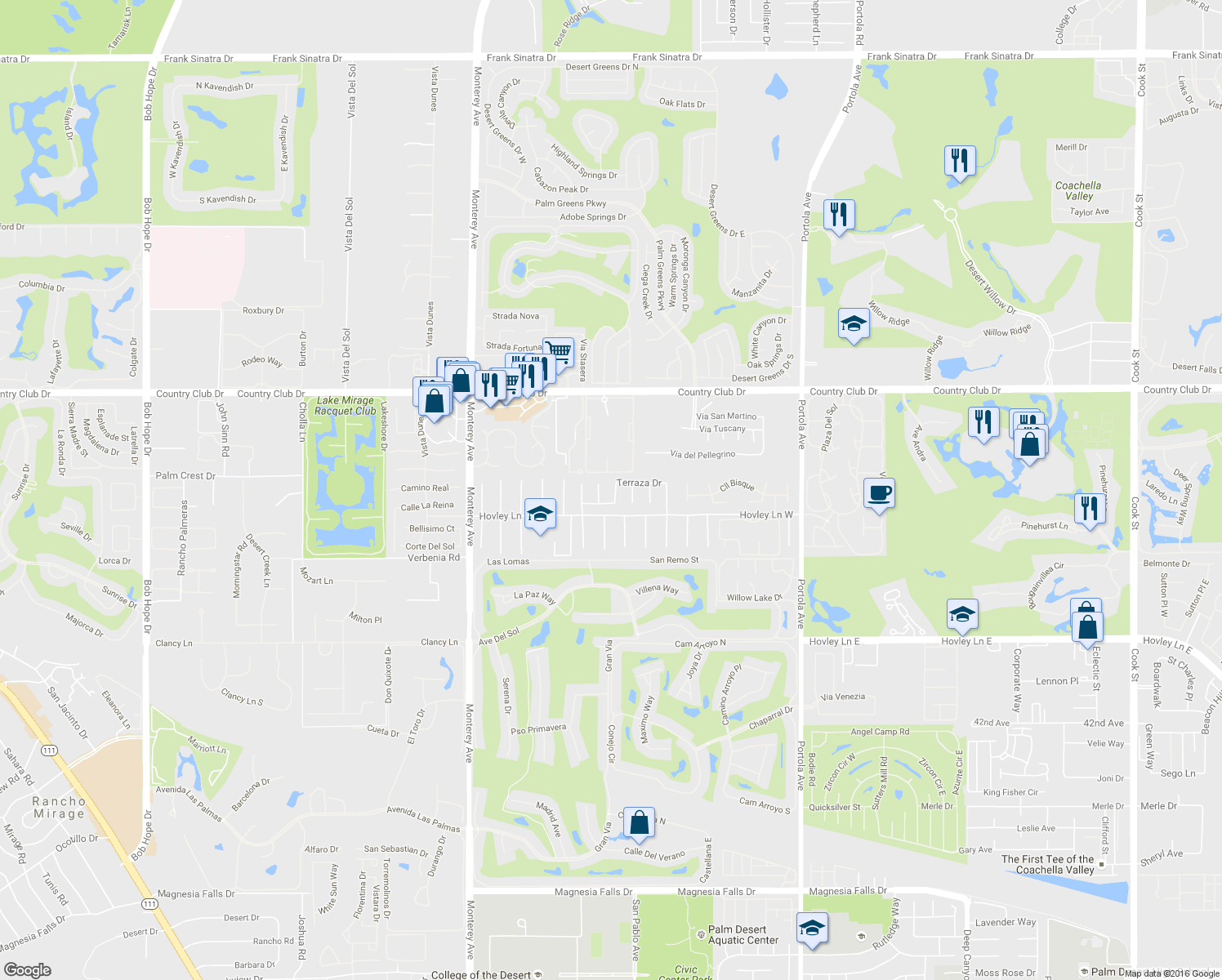 map of restaurants, bars, coffee shops, grocery stores, and more near 40621 Terraza Dr in Palm Desert