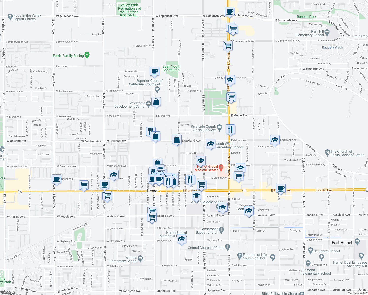 map of restaurants, bars, coffee shops, grocery stores, and more near 437 North Franklin Street in Hemet