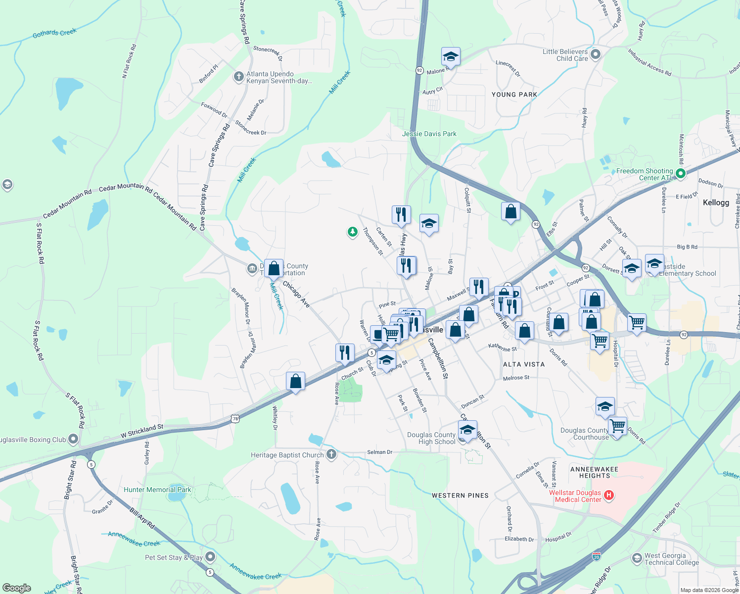 map of restaurants, bars, coffee shops, grocery stores, and more near 8305 Hollis St in Douglasville