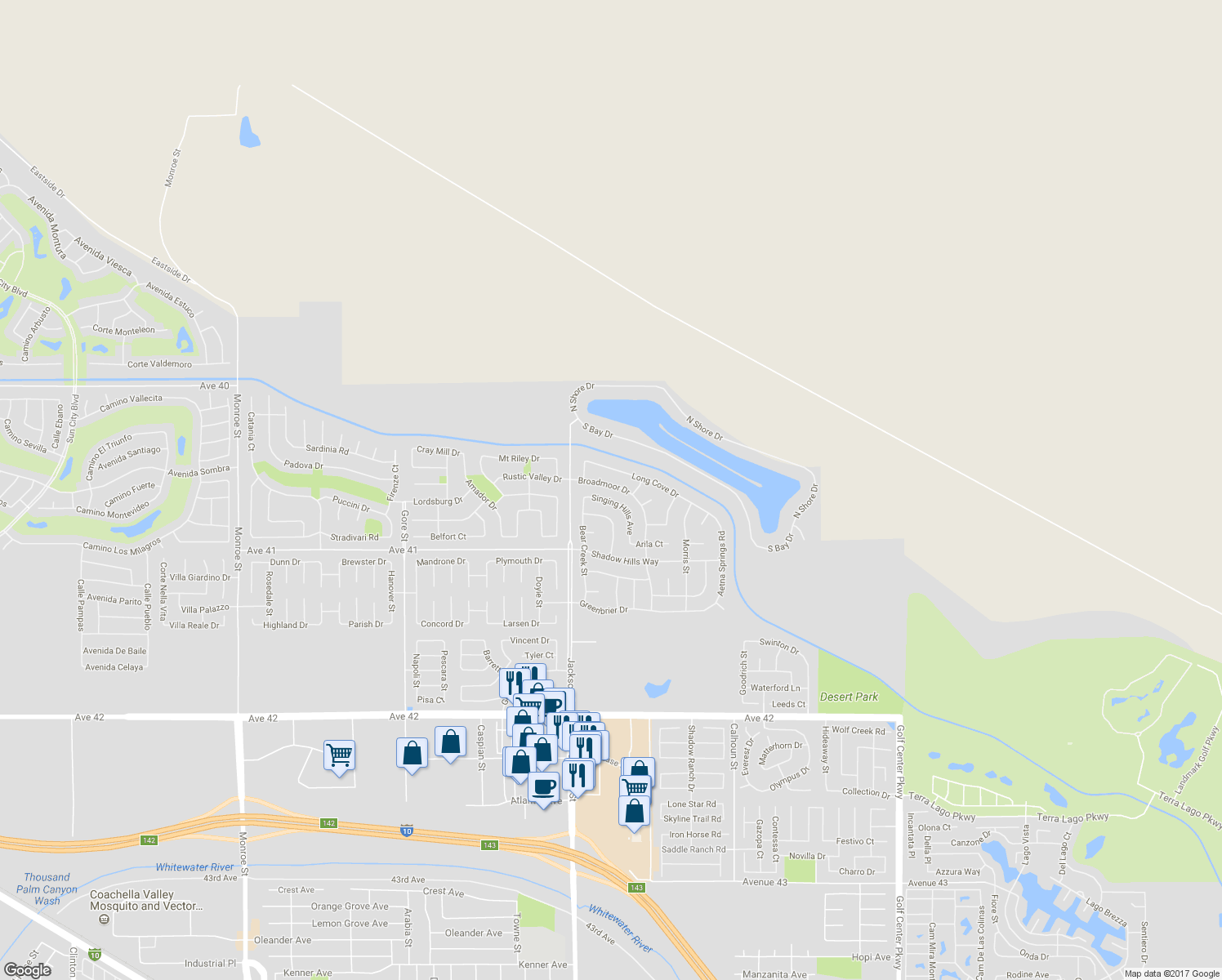 map of restaurants, bars, coffee shops, grocery stores, and more near 83125 Broadmoor Drive in Indio