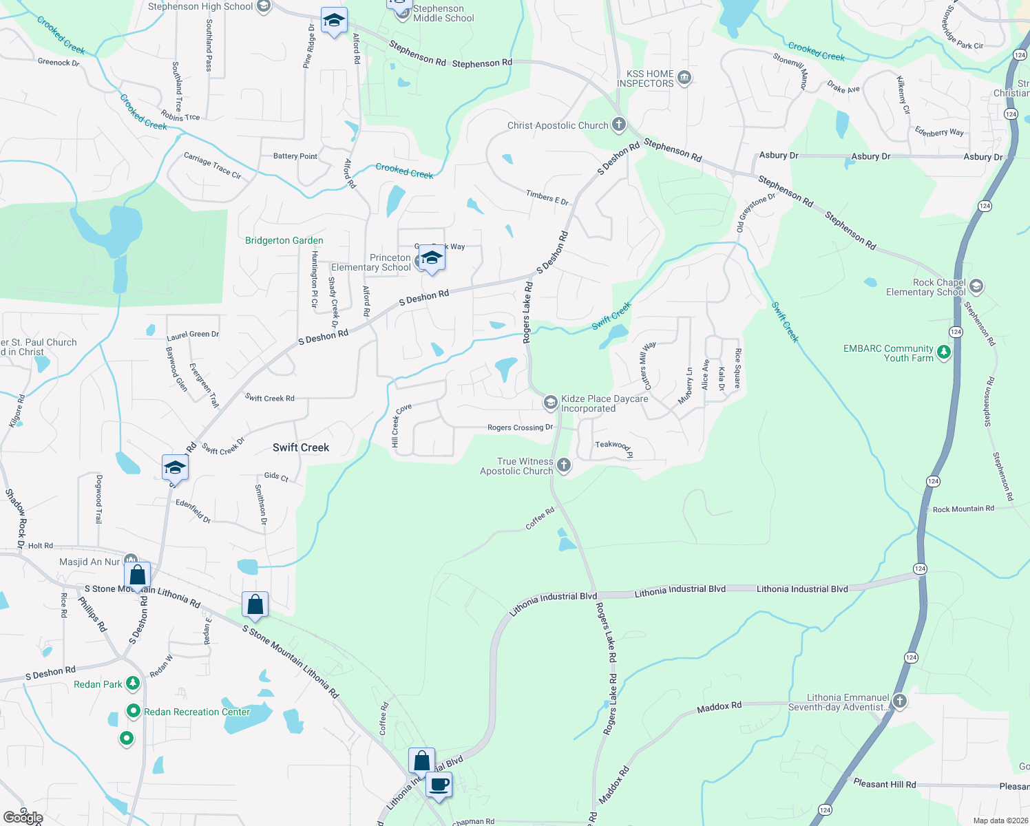 map of restaurants, bars, coffee shops, grocery stores, and more near 1761 Spring Hill Cove in Lithonia