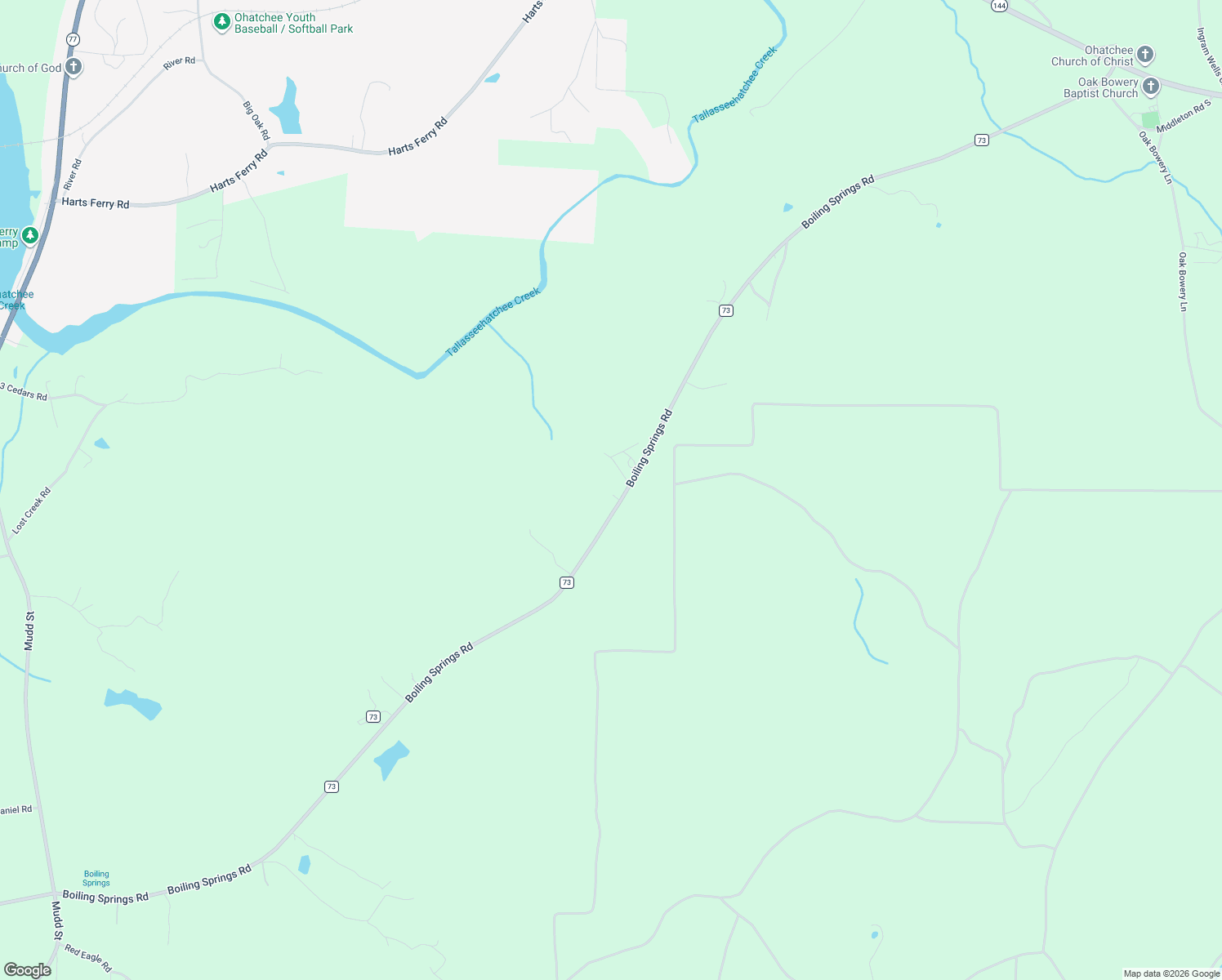 map of restaurants, bars, coffee shops, grocery stores, and more near 8755 Boiling Springs Road in Ohatchee