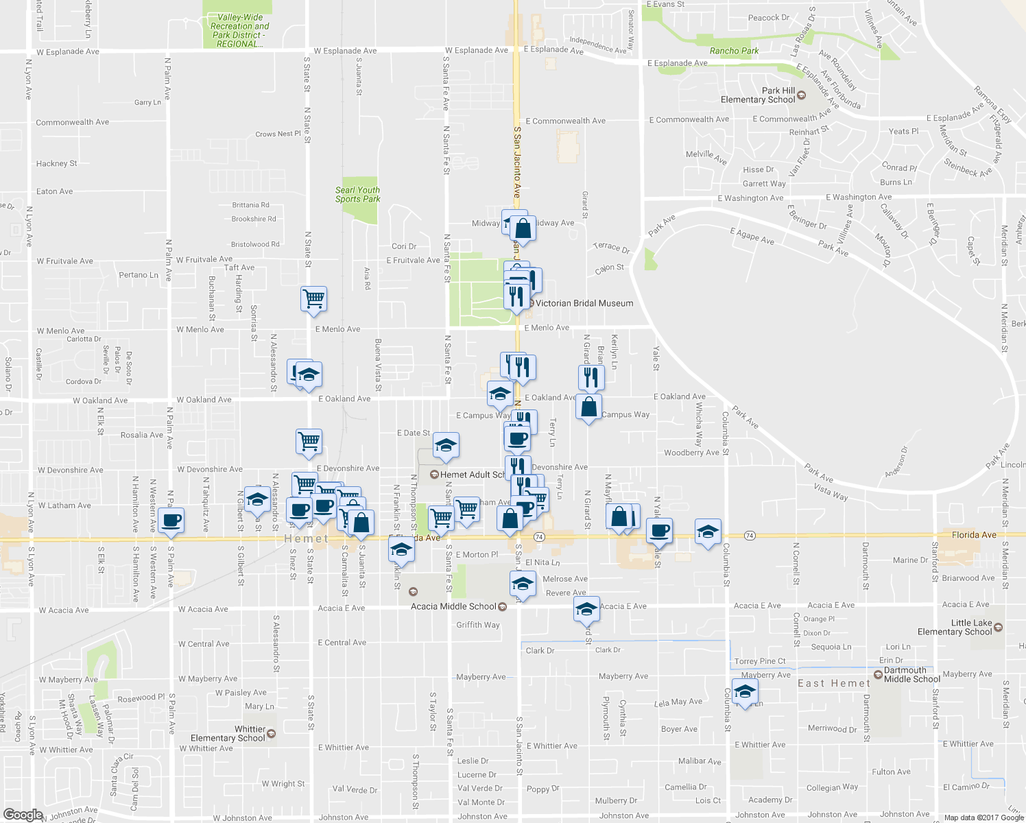 map of restaurants, bars, coffee shops, grocery stores, and more near 1220 East Campus Way in Hemet