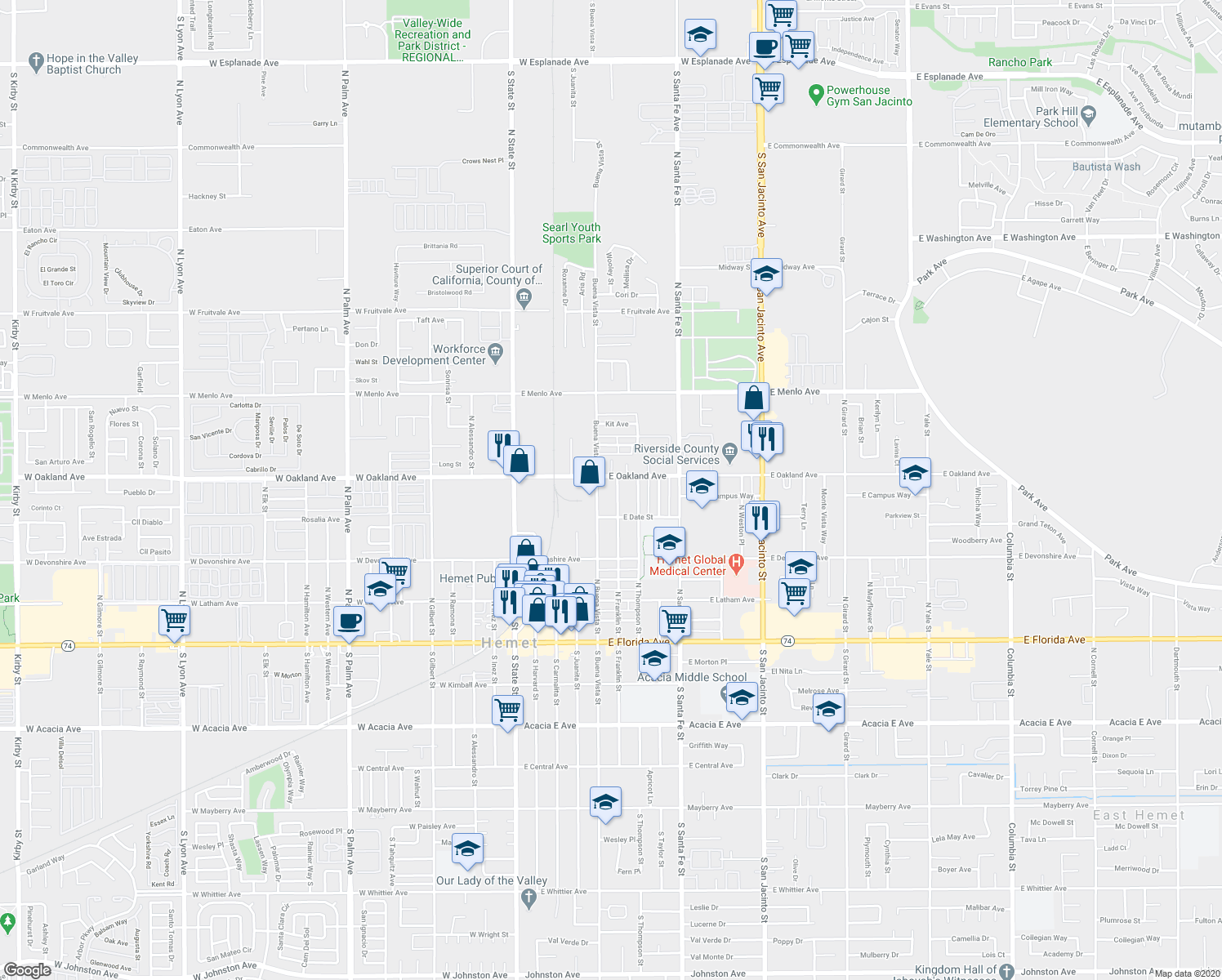 map of restaurants, bars, coffee shops, grocery stores, and more near 454 North Buena Vista Street in Hemet