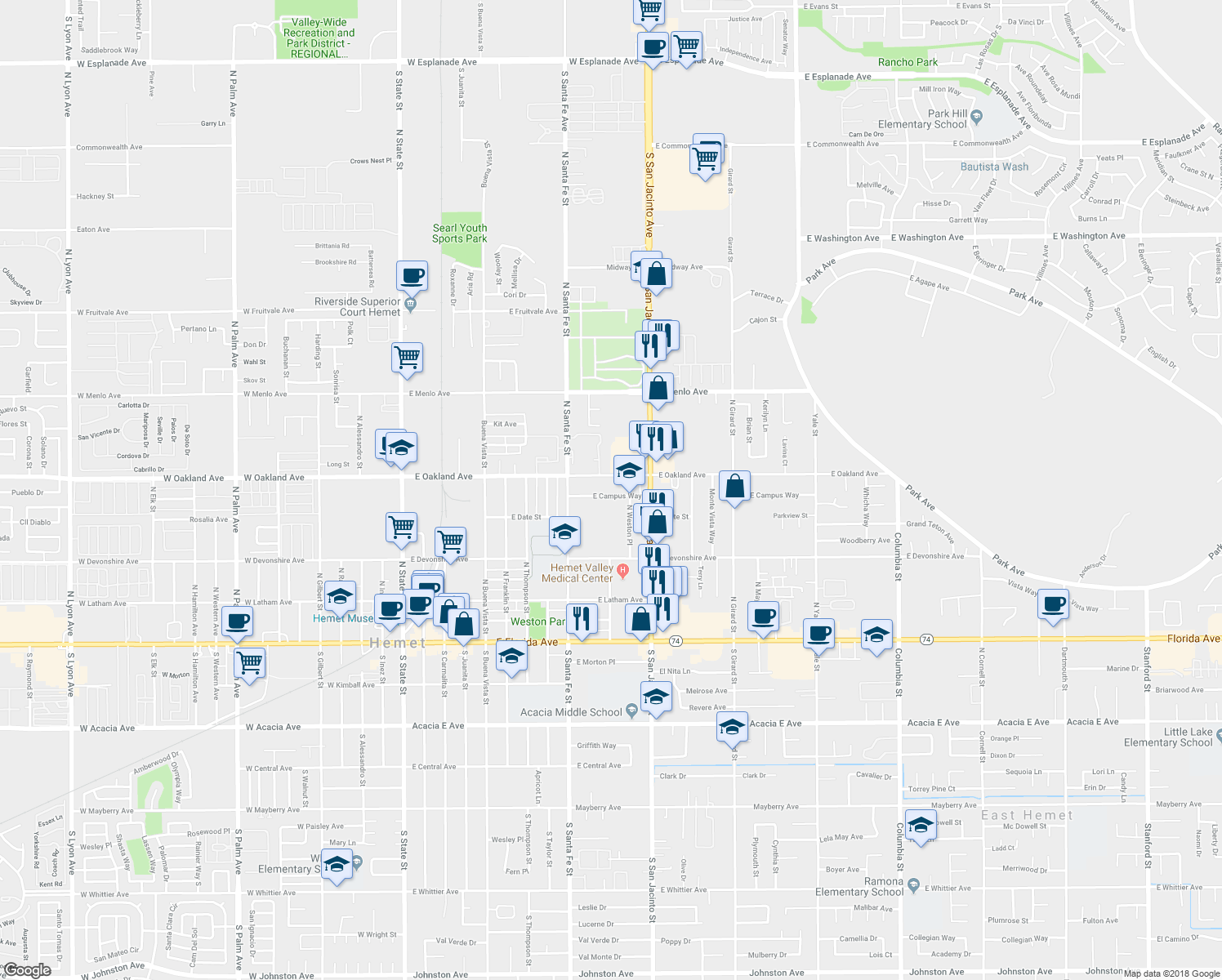 map of restaurants, bars, coffee shops, grocery stores, and more near 1118 East Campus Way in Hemet