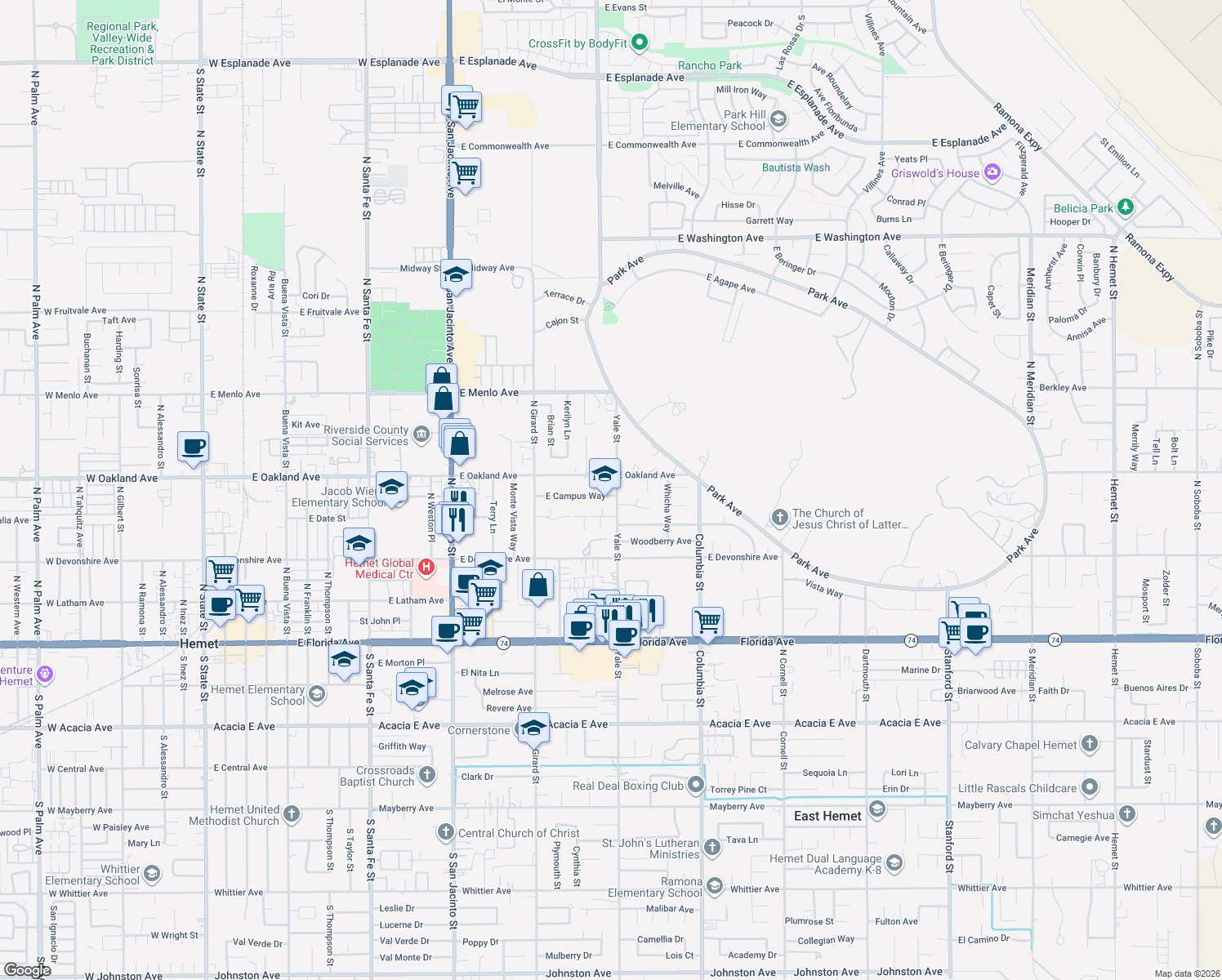 map of restaurants, bars, coffee shops, grocery stores, and more near 2064 East Campus Way in Hemet