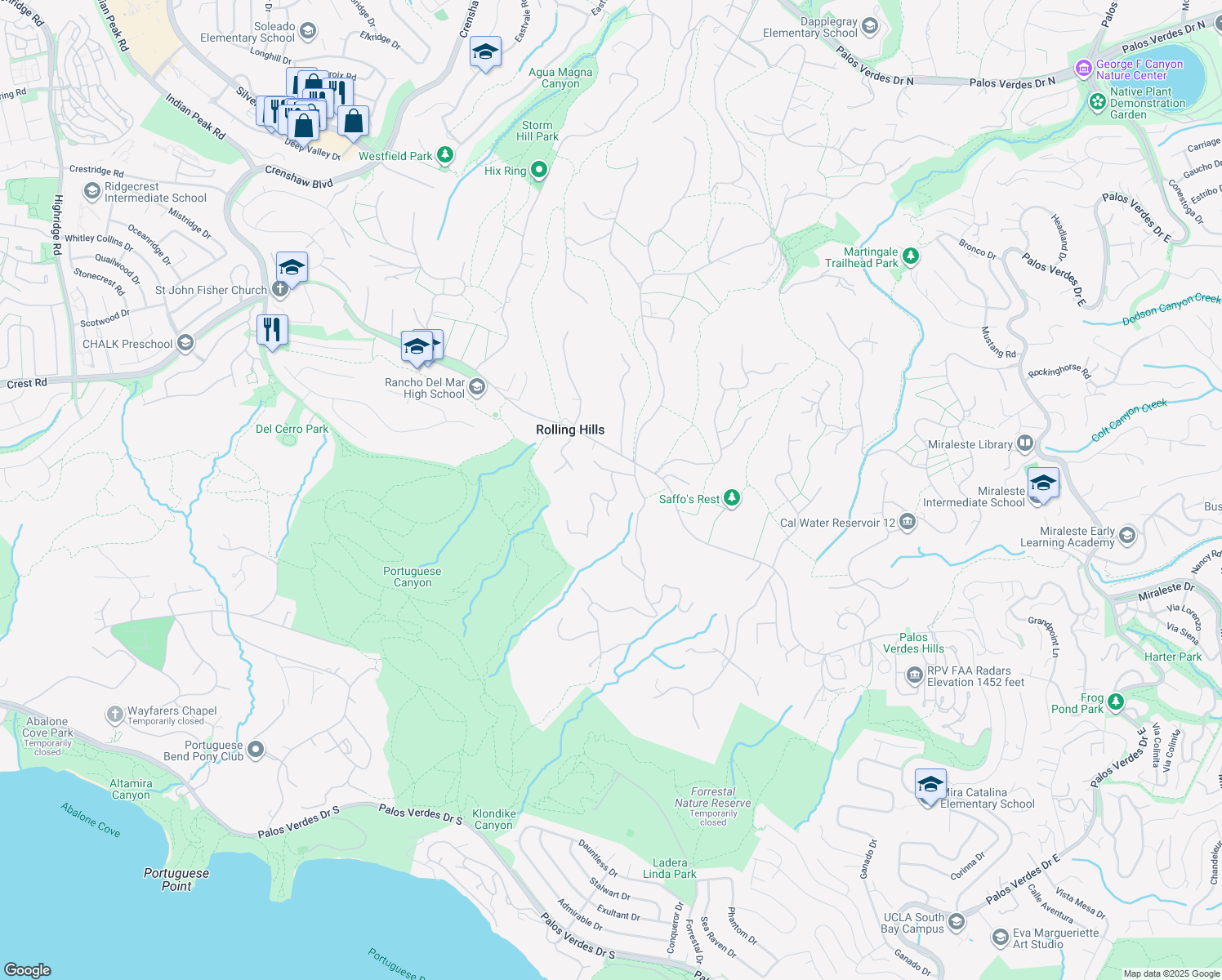 map of restaurants, bars, coffee shops, grocery stores, and more near 7 Cinchring Road in Rolling Hills